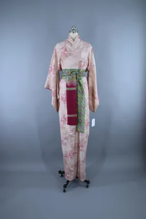1960s Vintage Silk Kimono Robe / White Pink Tiny Floral Print