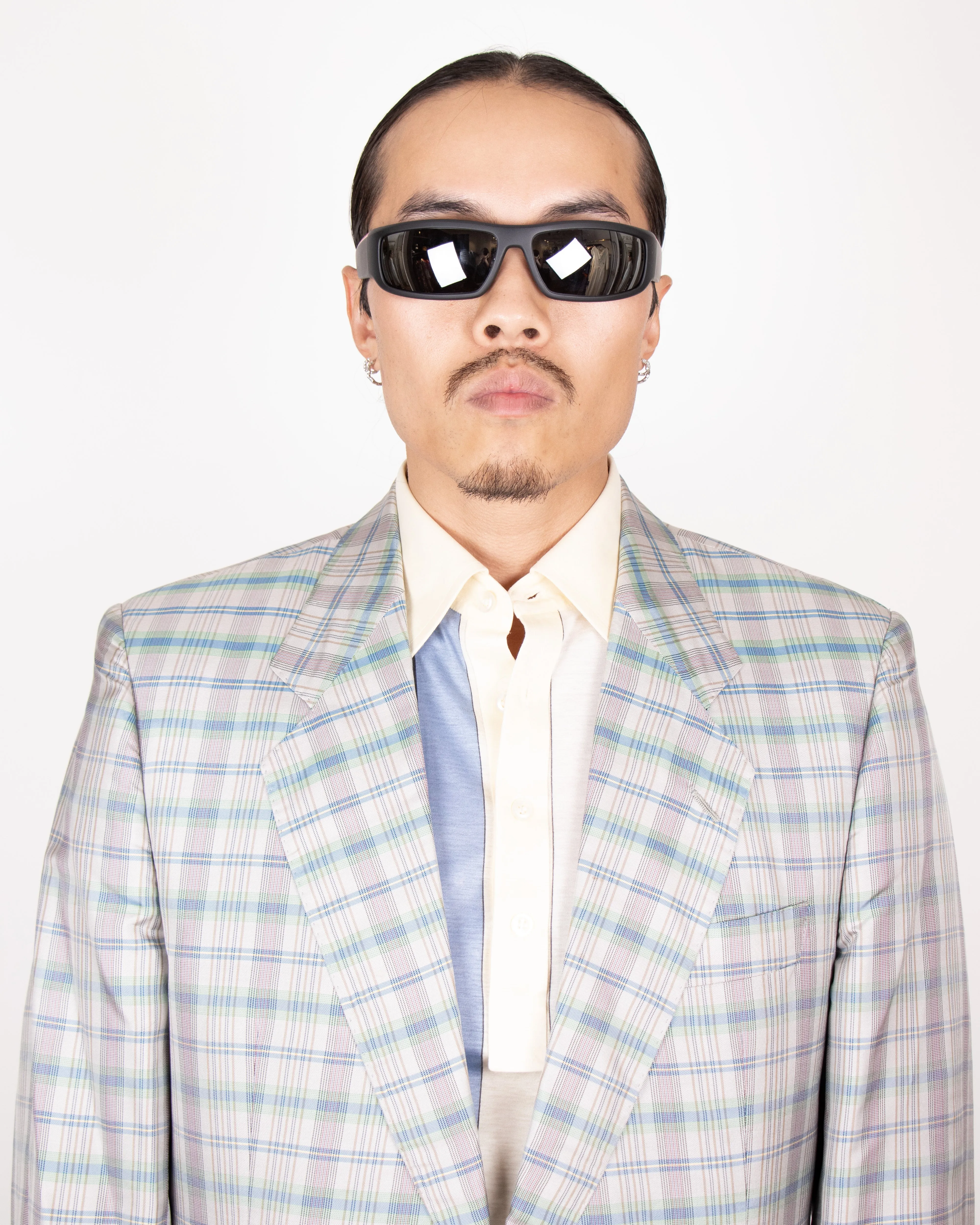 1980s Hugo Boss Silk Light Grey Checkered Blazer M