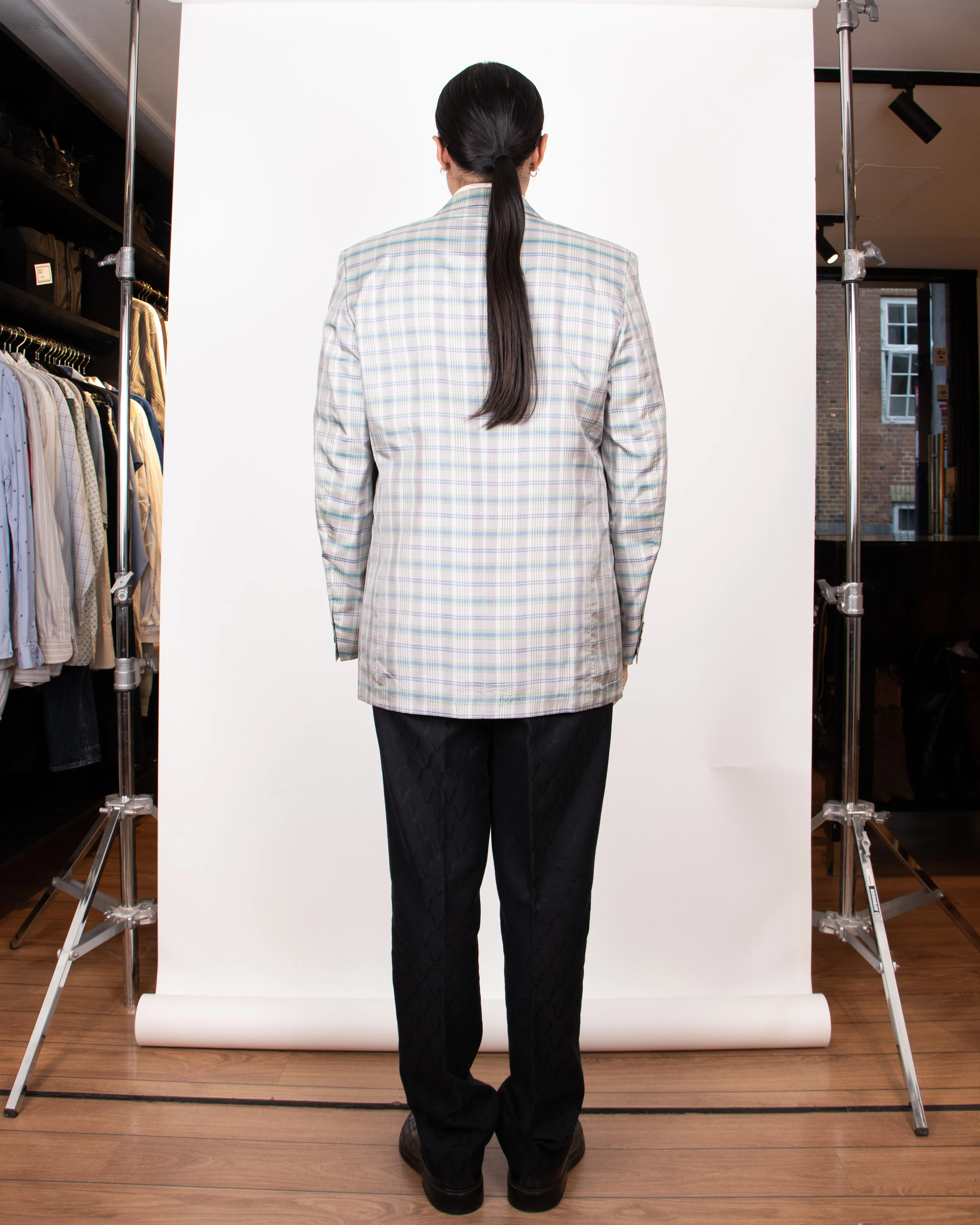 1980s Hugo Boss Silk Light Grey Checkered Blazer M