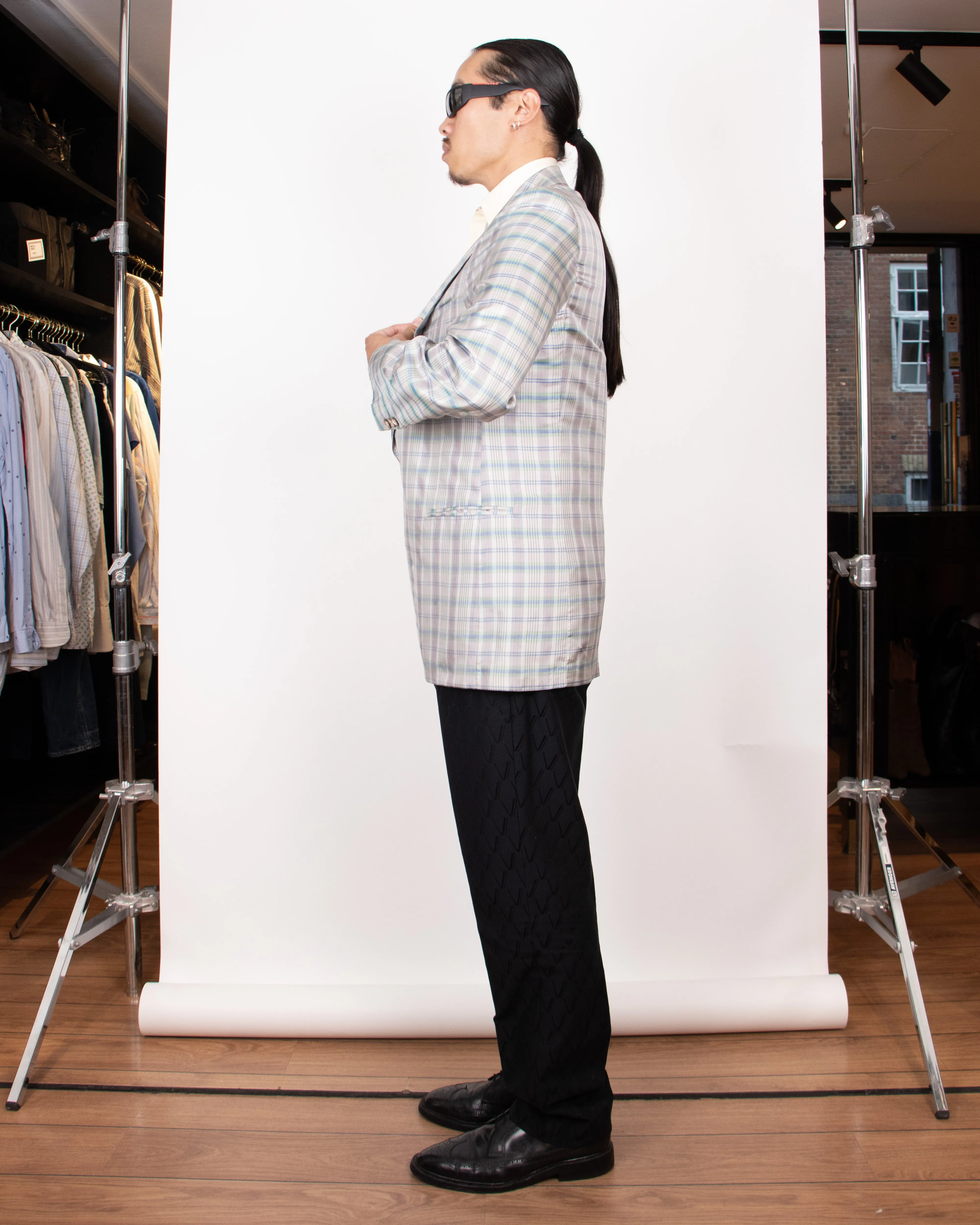 1980s Hugo Boss Silk Light Grey Checkered Blazer M