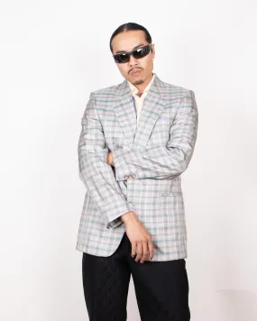 1980s Hugo Boss Silk Light Grey Checkered Blazer M