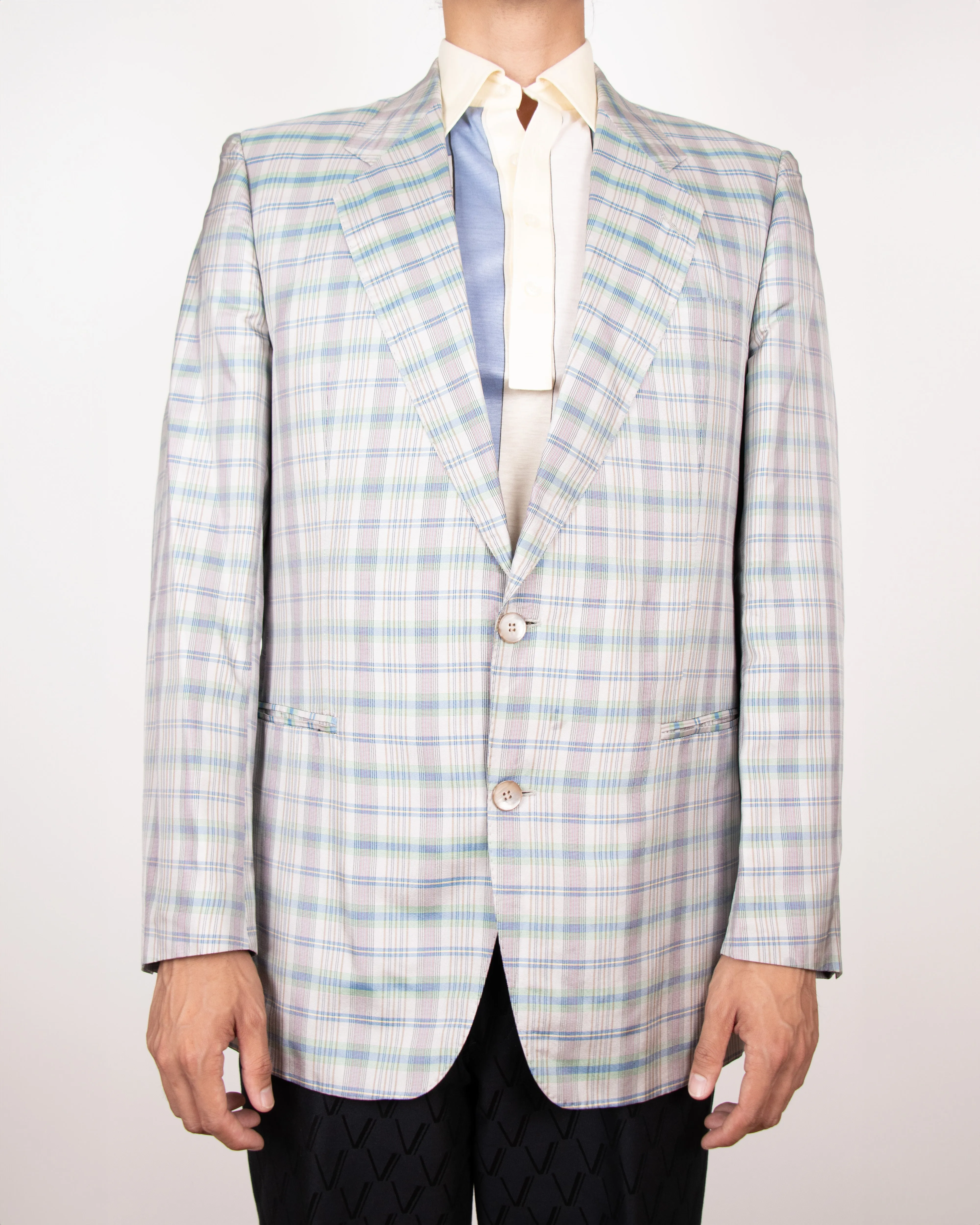 1980s Hugo Boss Silk Light Grey Checkered Blazer M