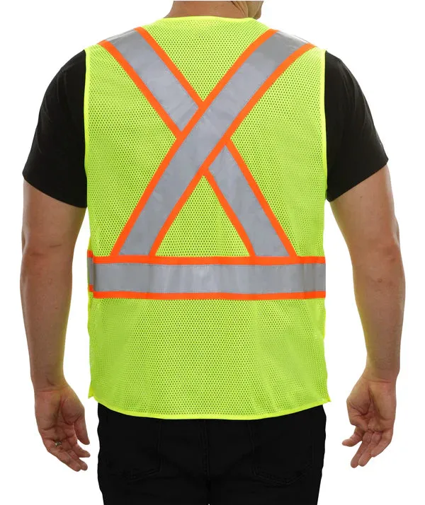 505SXLM Safety Vest: Hi-Vis 5pt Breakaway X-Back Zip Lime Mesh: DOT