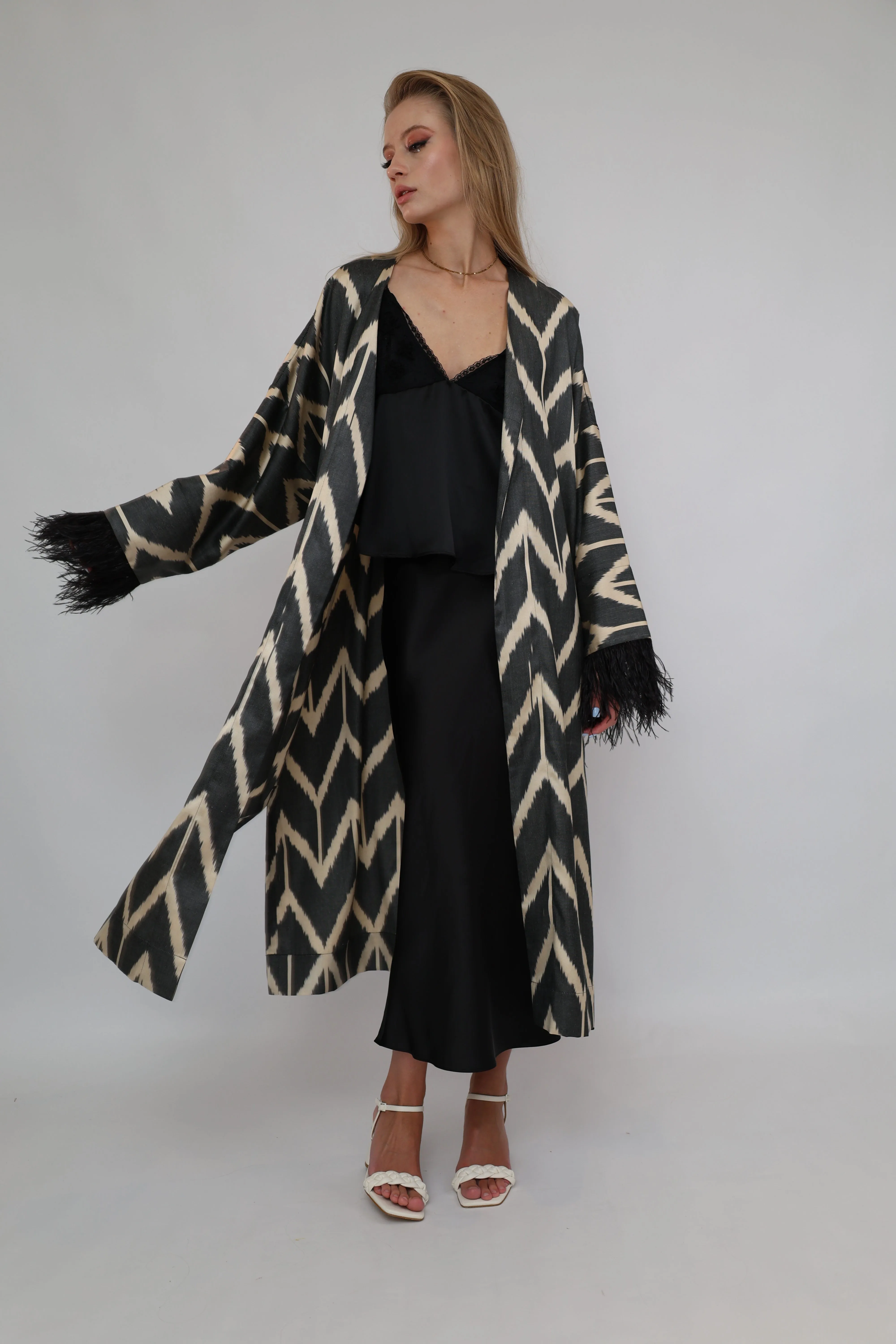 85% Silk Black Maxi Kimono With Feathers "Midnight Enchantment"