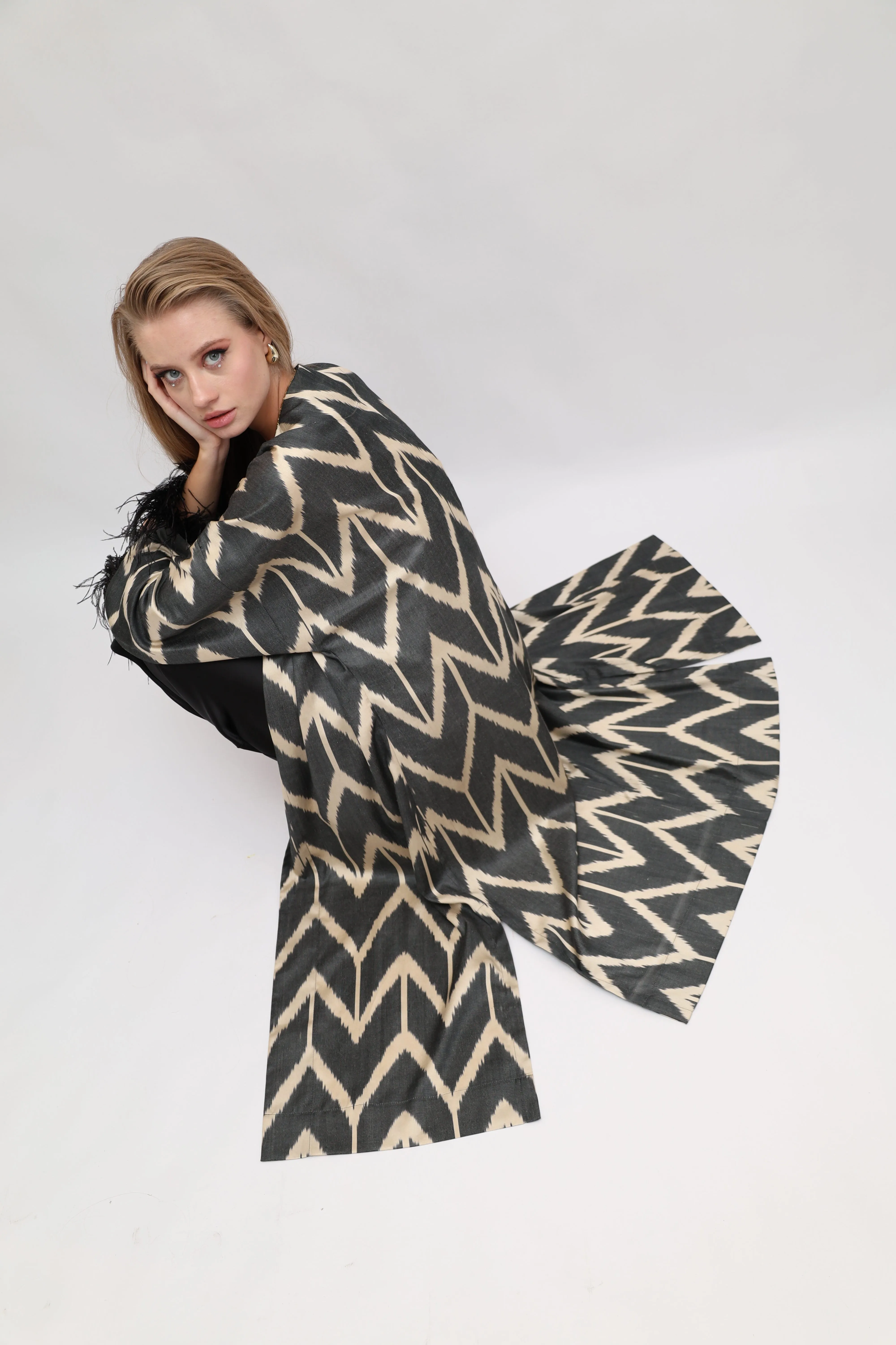 85% Silk Black Maxi Kimono With Feathers "Midnight Enchantment"
