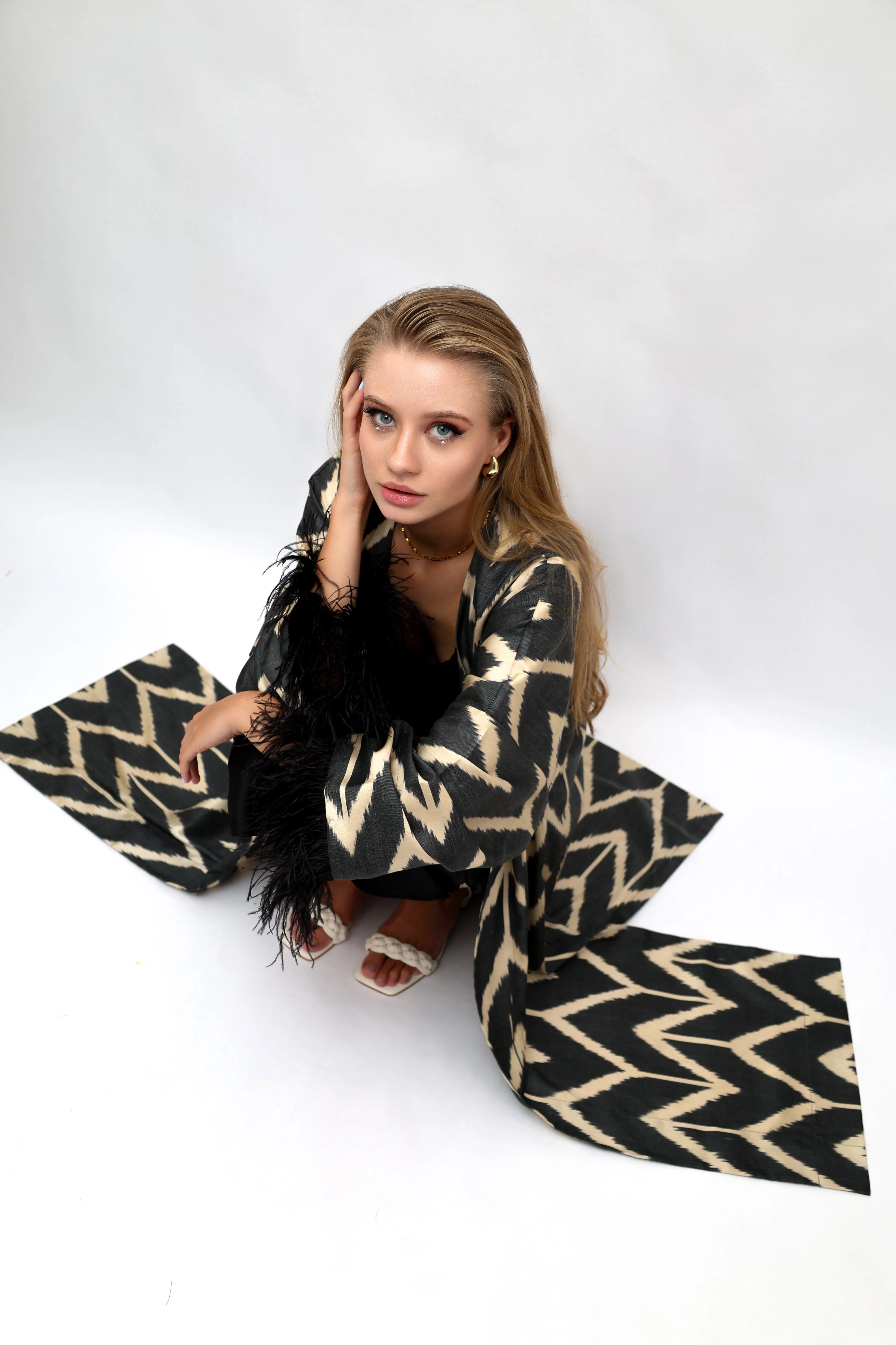 85% Silk Black Maxi Kimono With Feathers "Midnight Enchantment"