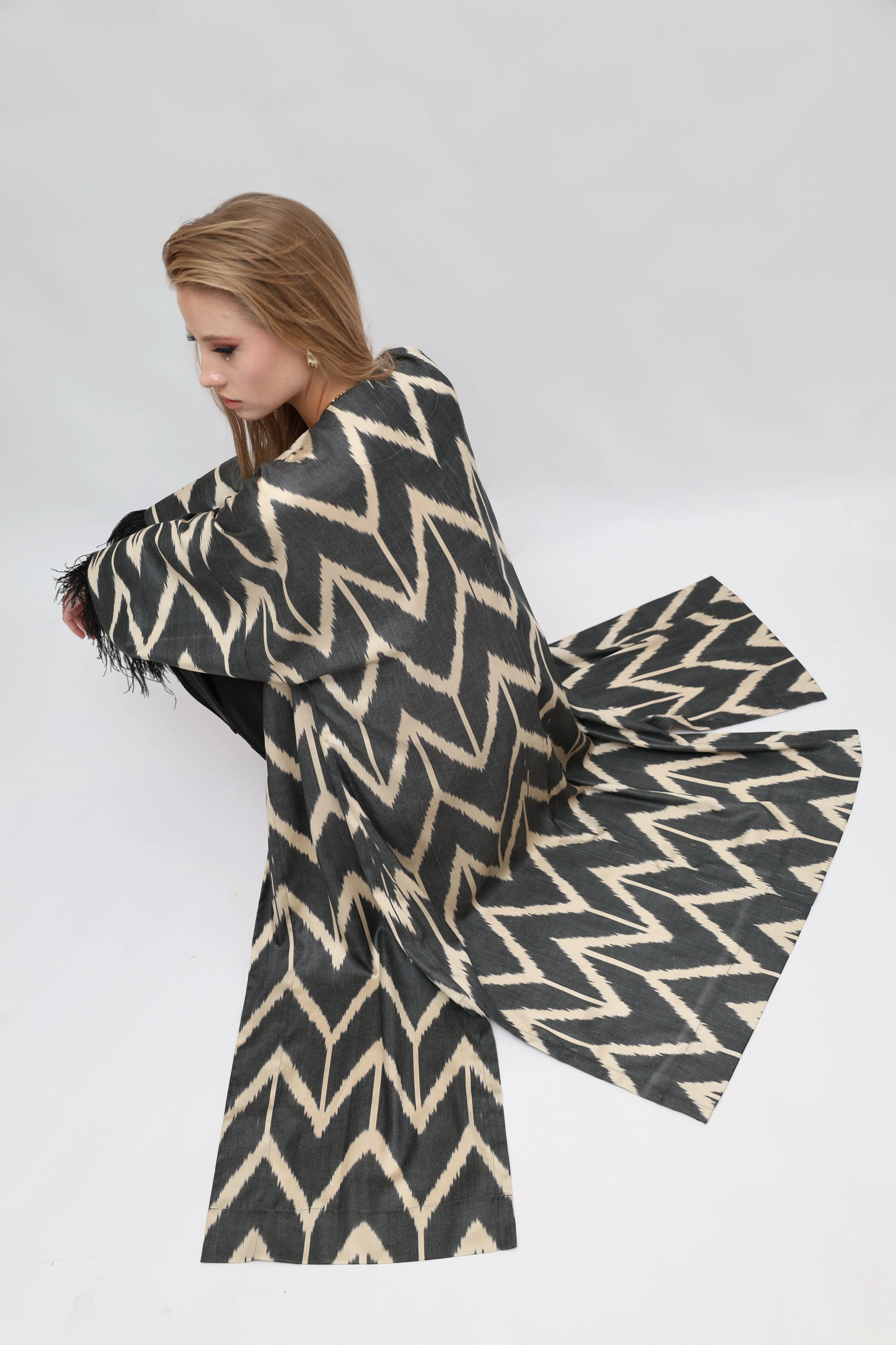85% Silk Black Maxi Kimono With Feathers "Midnight Enchantment"