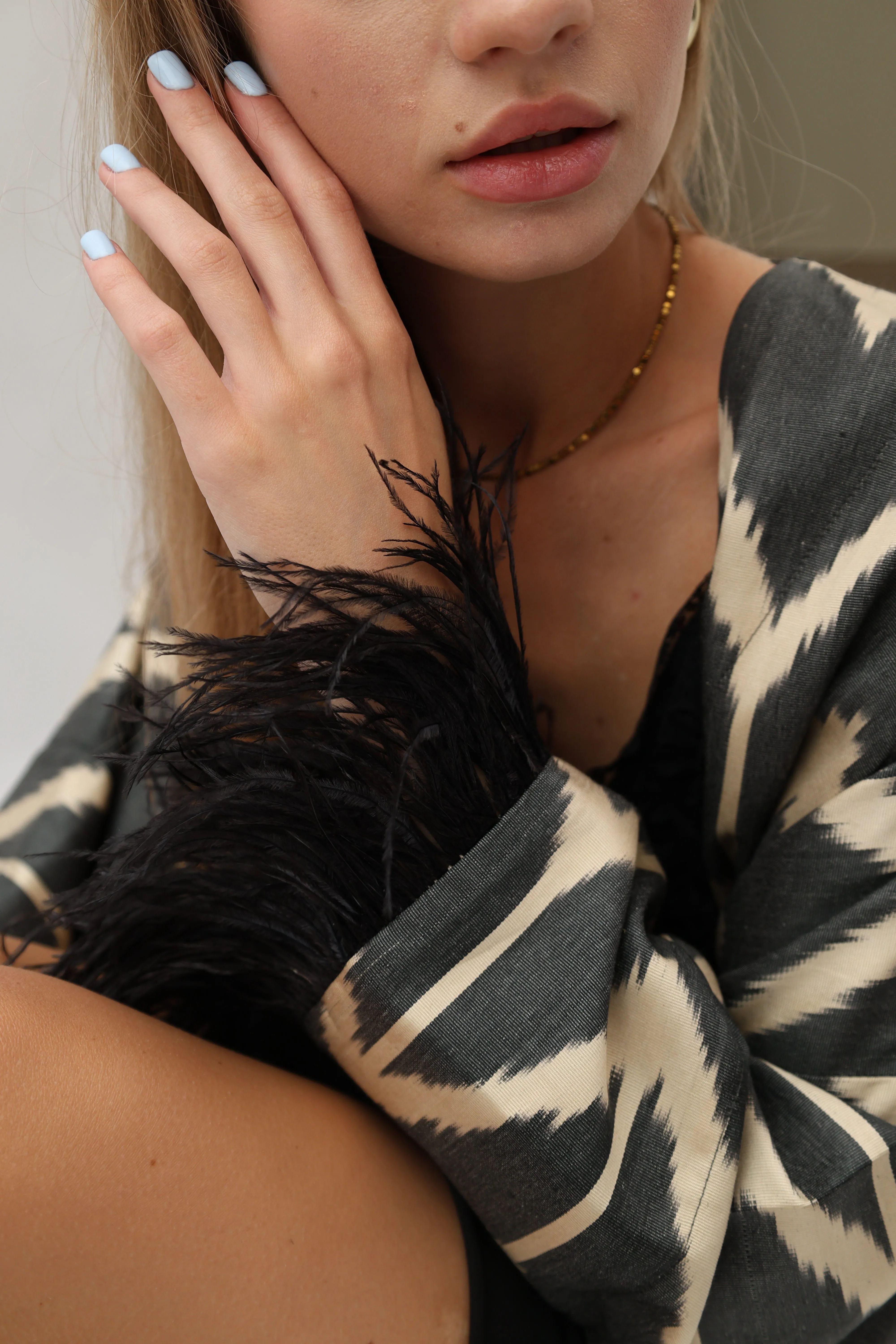 85% Silk Black Maxi Kimono With Feathers "Midnight Enchantment"