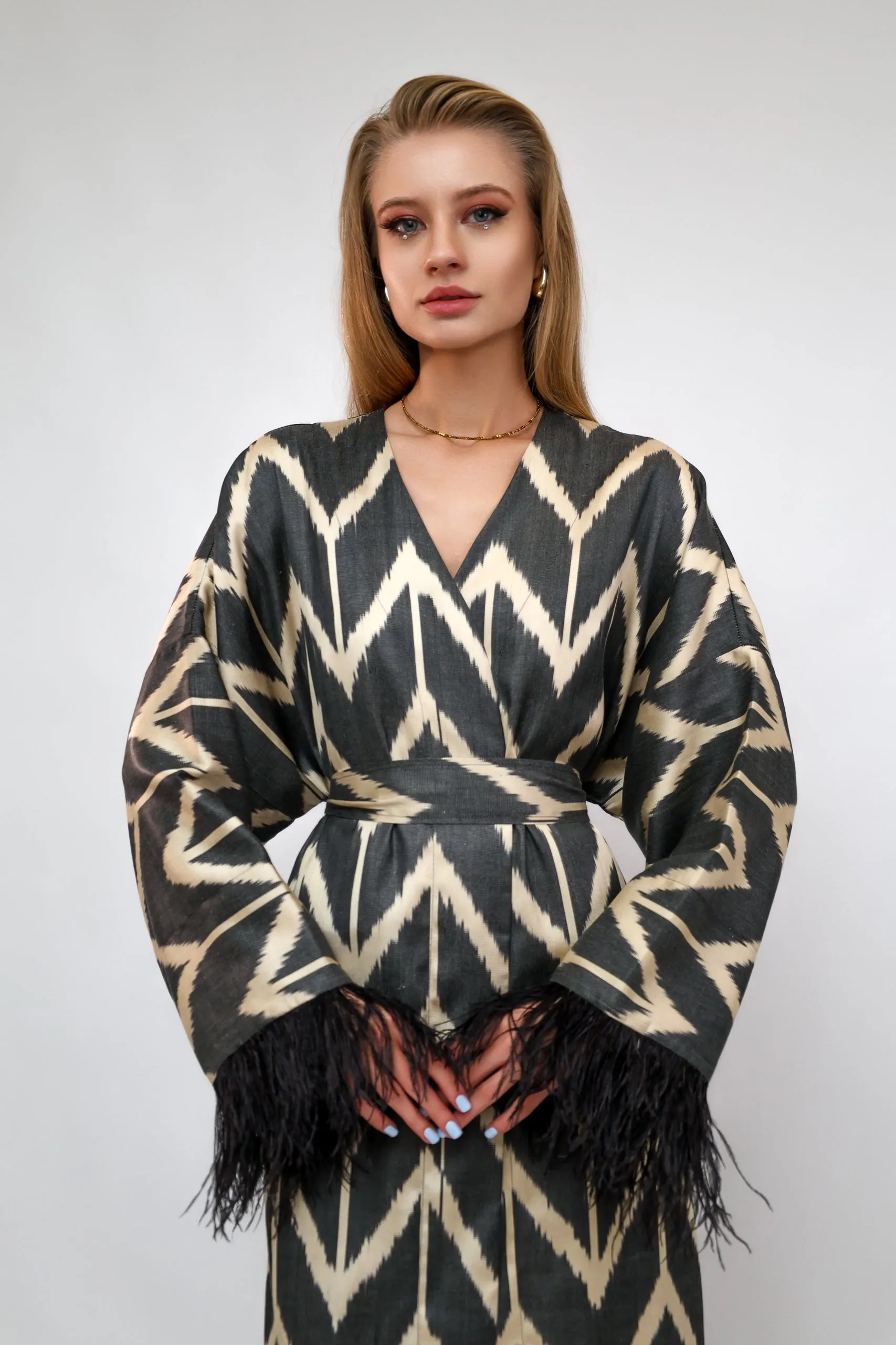 85% Silk Black Maxi Kimono With Feathers "Midnight Enchantment"