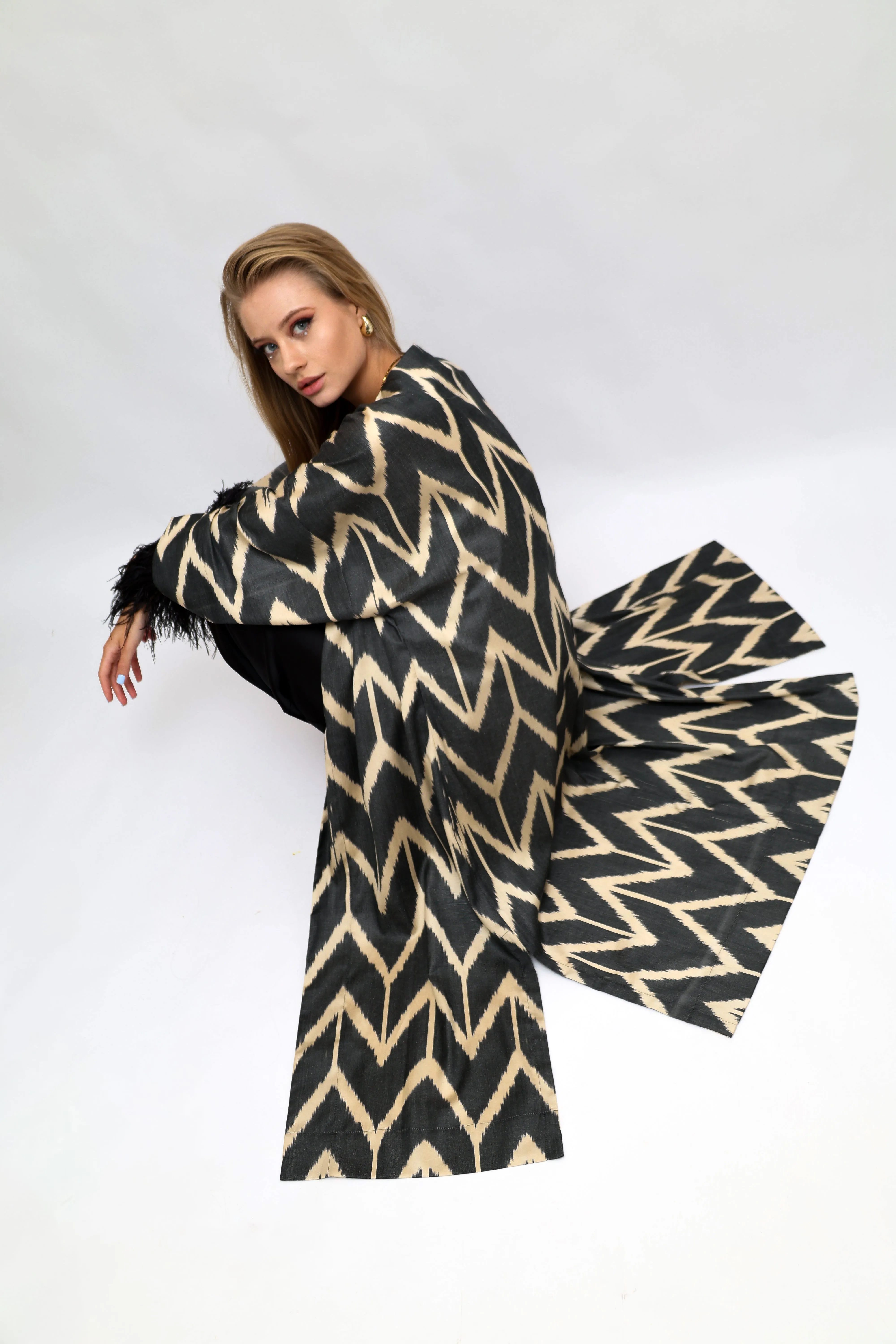 85% Silk Black Maxi Kimono With Feathers "Midnight Enchantment"