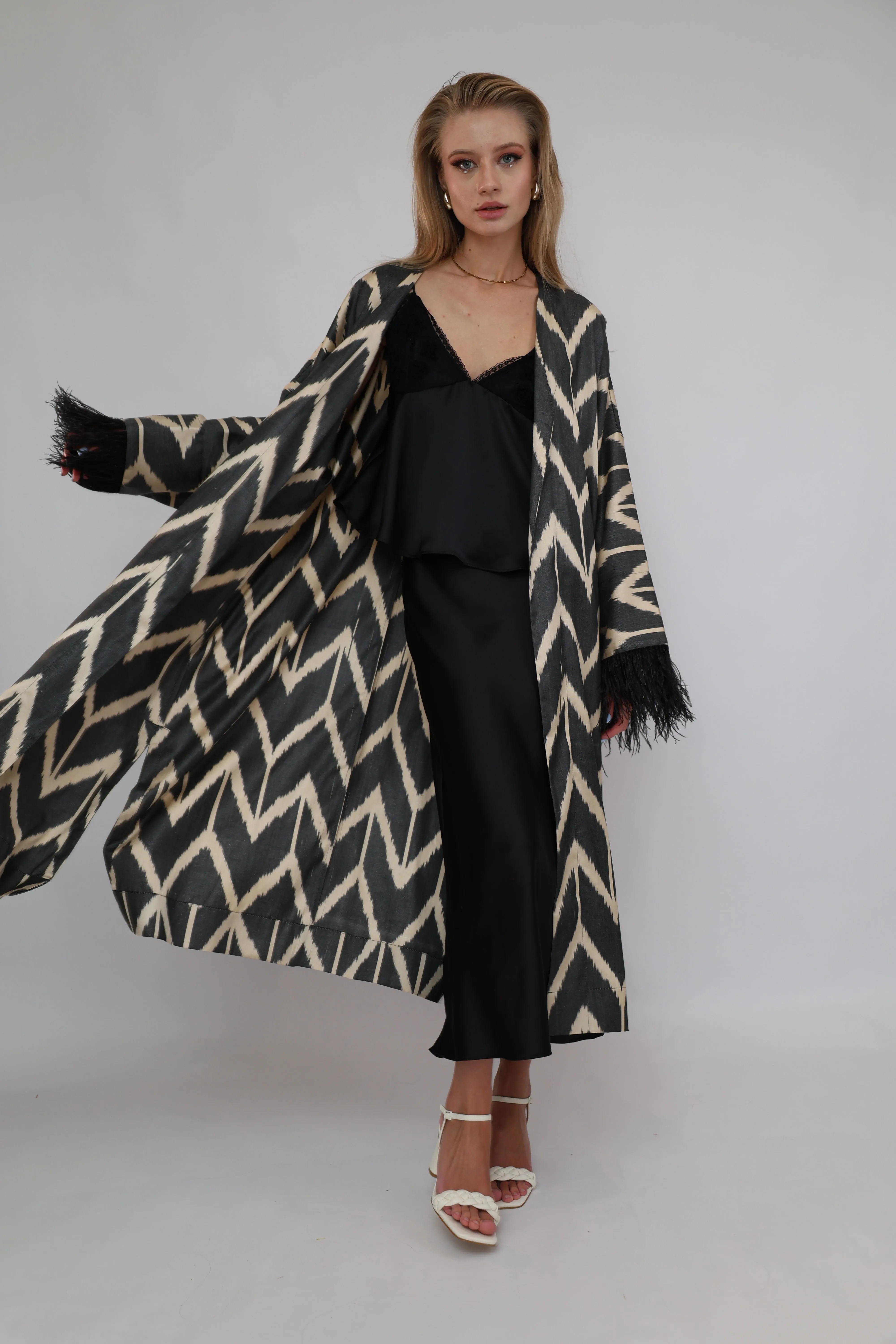 85% Silk Black Maxi Kimono With Feathers "Midnight Enchantment"