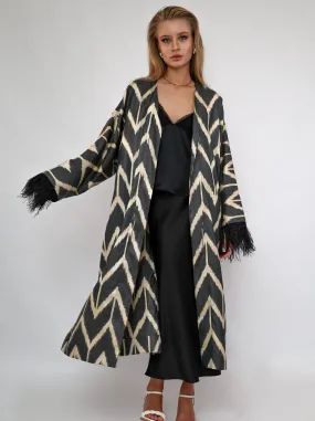 85% Silk Black Maxi Kimono With Feathers "Midnight Enchantment"