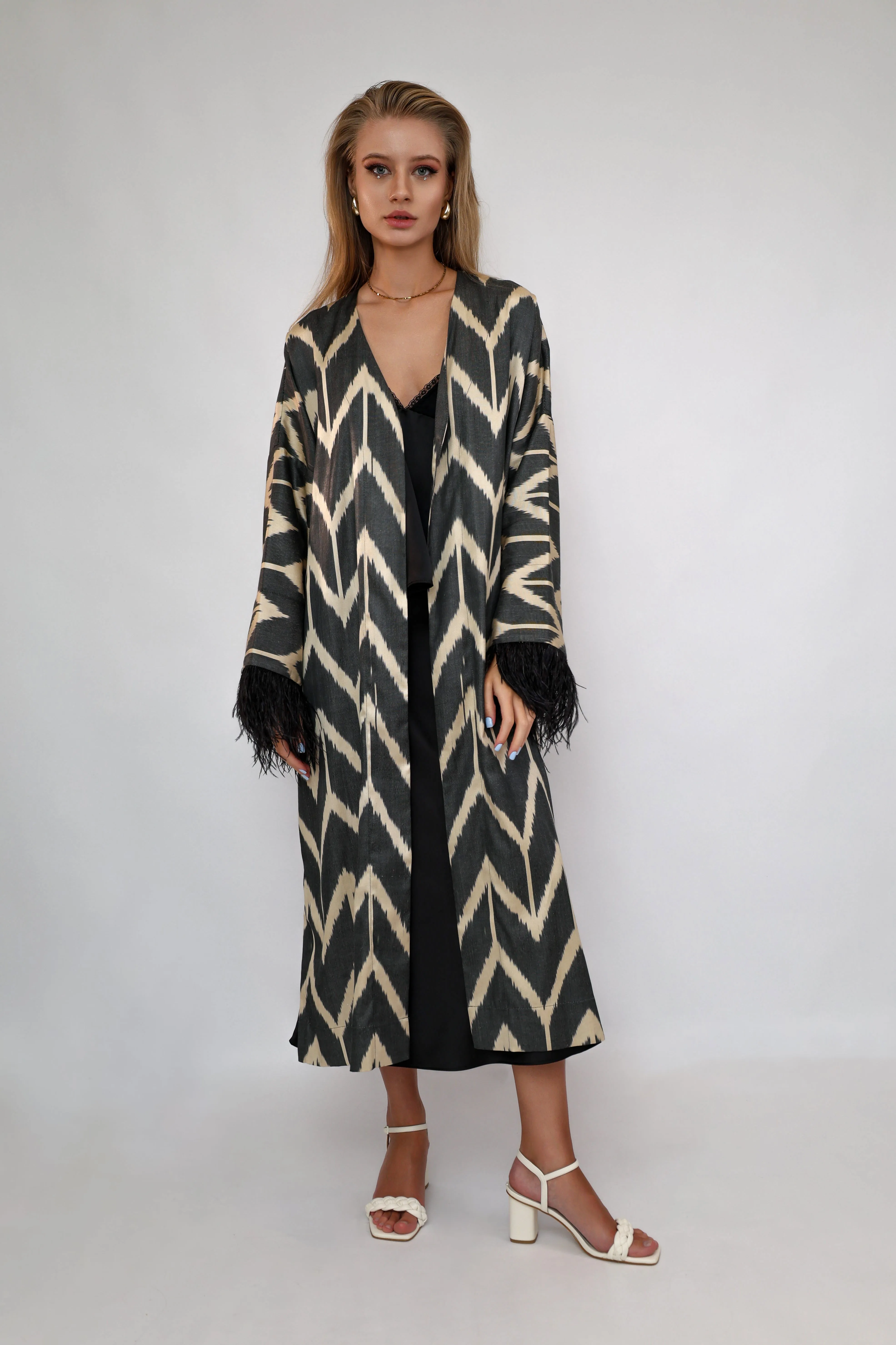 85% Silk Black Maxi Kimono With Feathers "Midnight Enchantment"