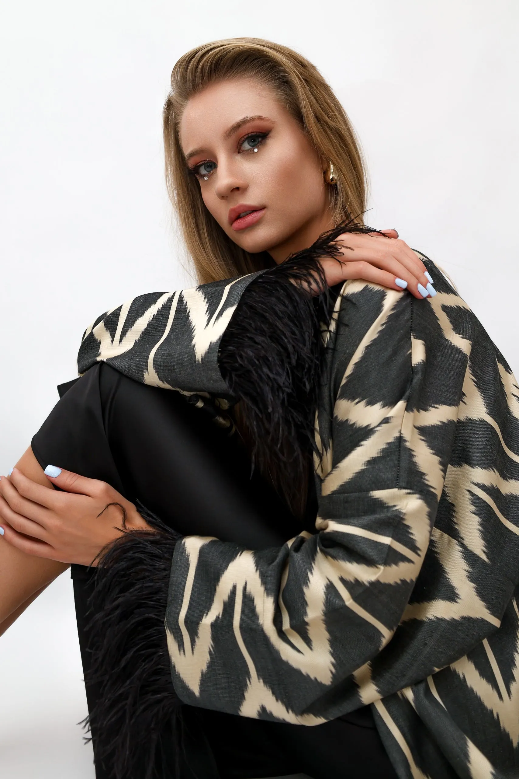 85% Silk Black Maxi Kimono With Feathers "Midnight Enchantment"