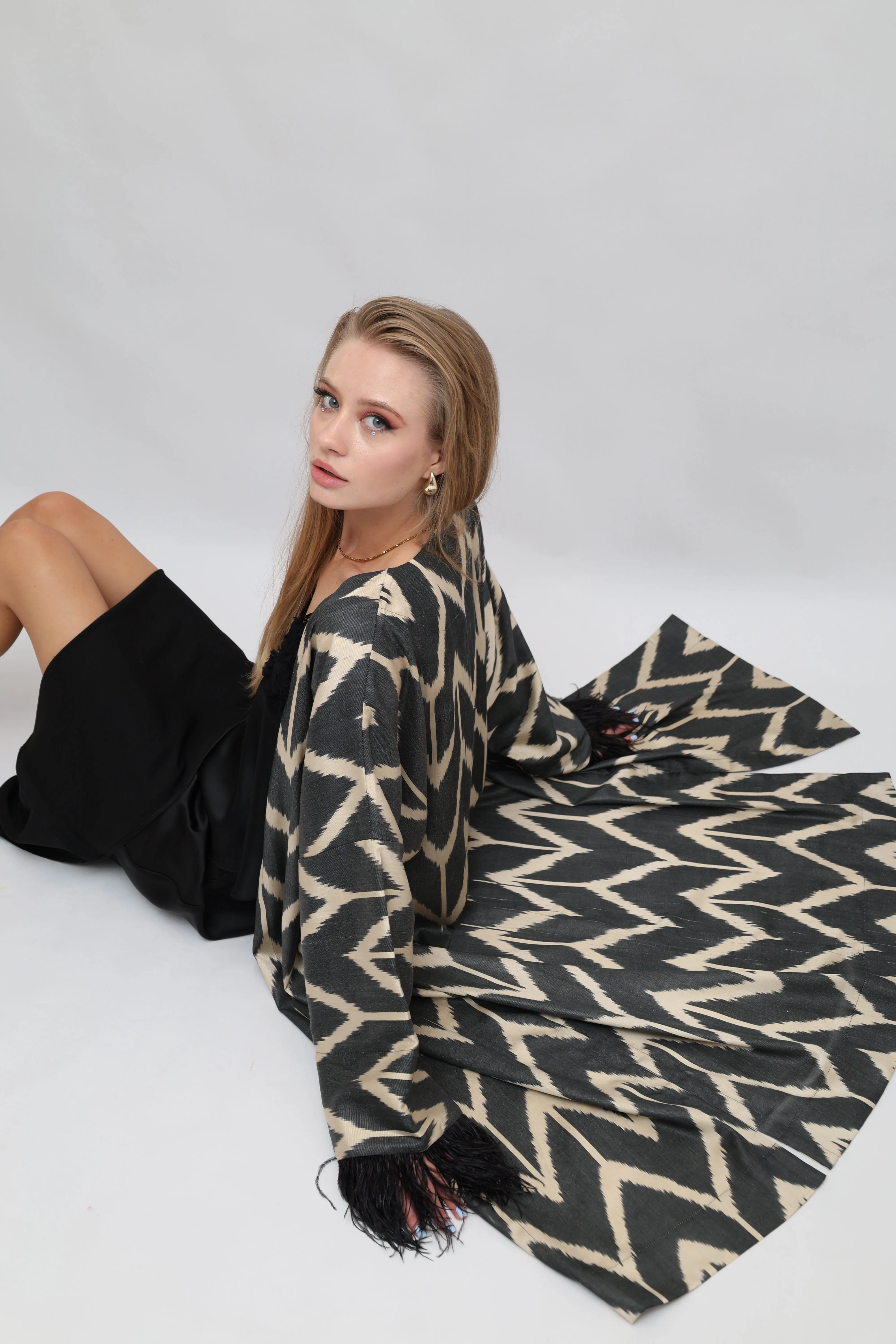 85% Silk Black Maxi Kimono With Feathers "Midnight Enchantment"