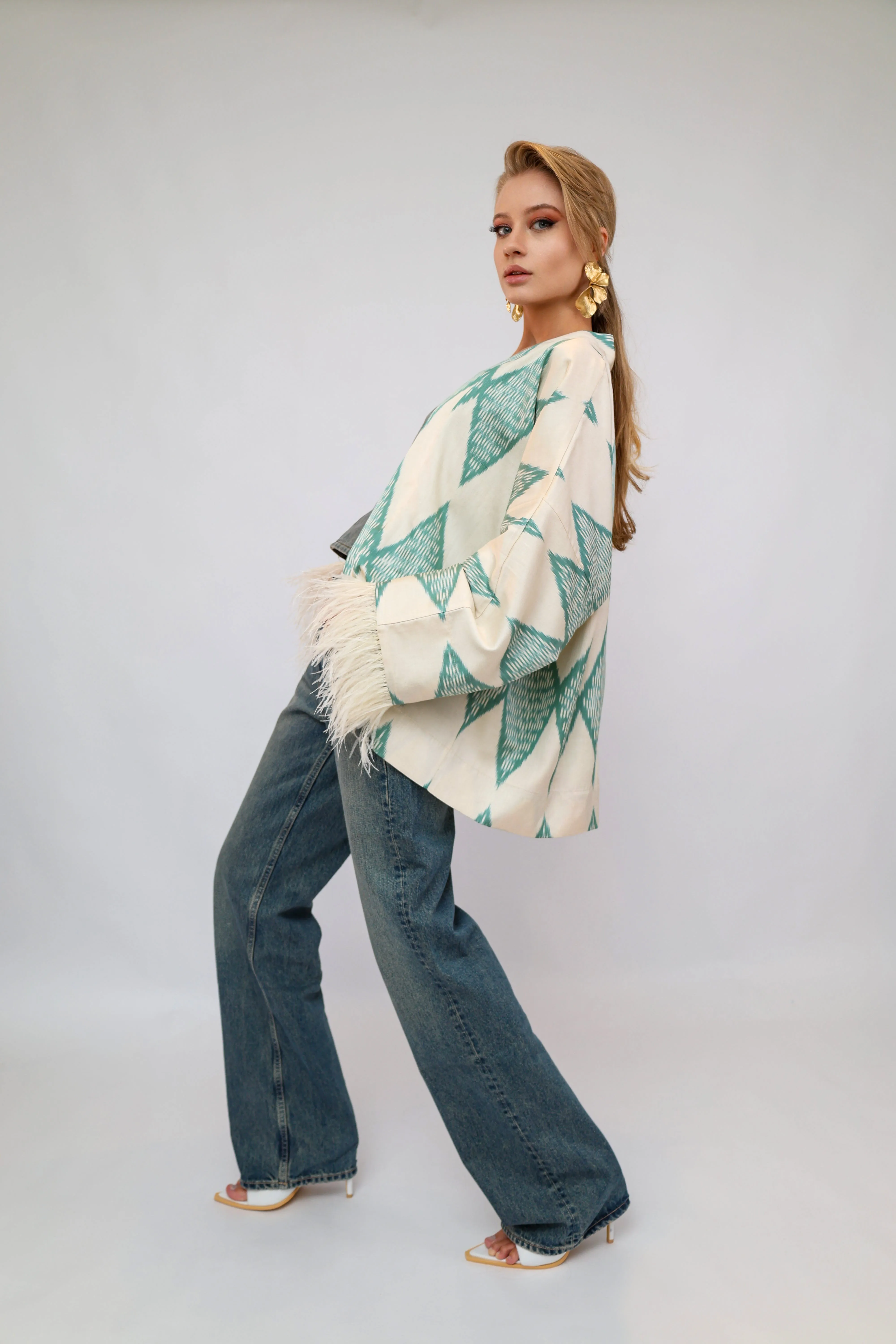85% Silk Green Romb Mini Kimono With Feathers