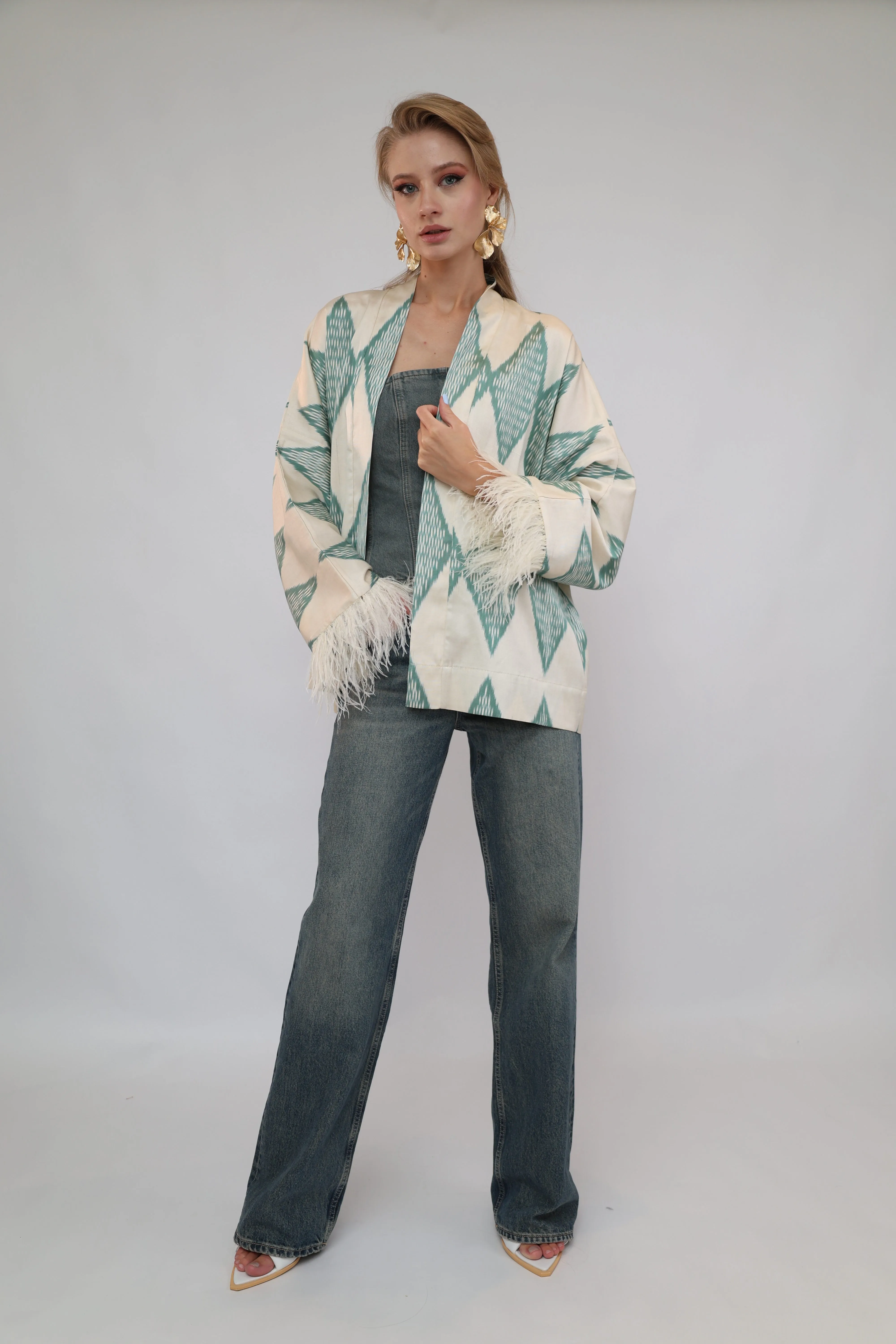 85% Silk Green Romb Mini Kimono With Feathers