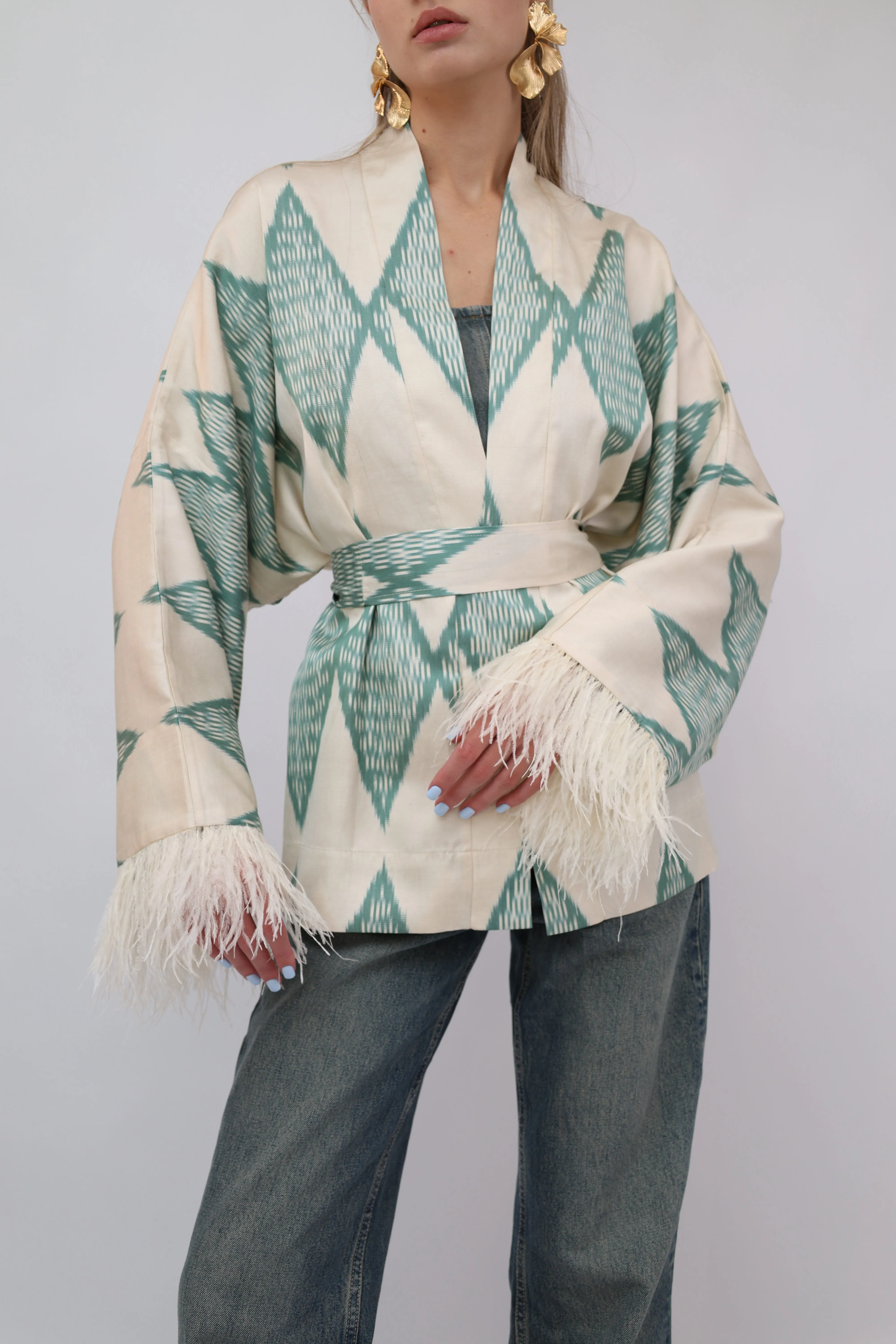 85% Silk Green Romb Mini Kimono With Feathers