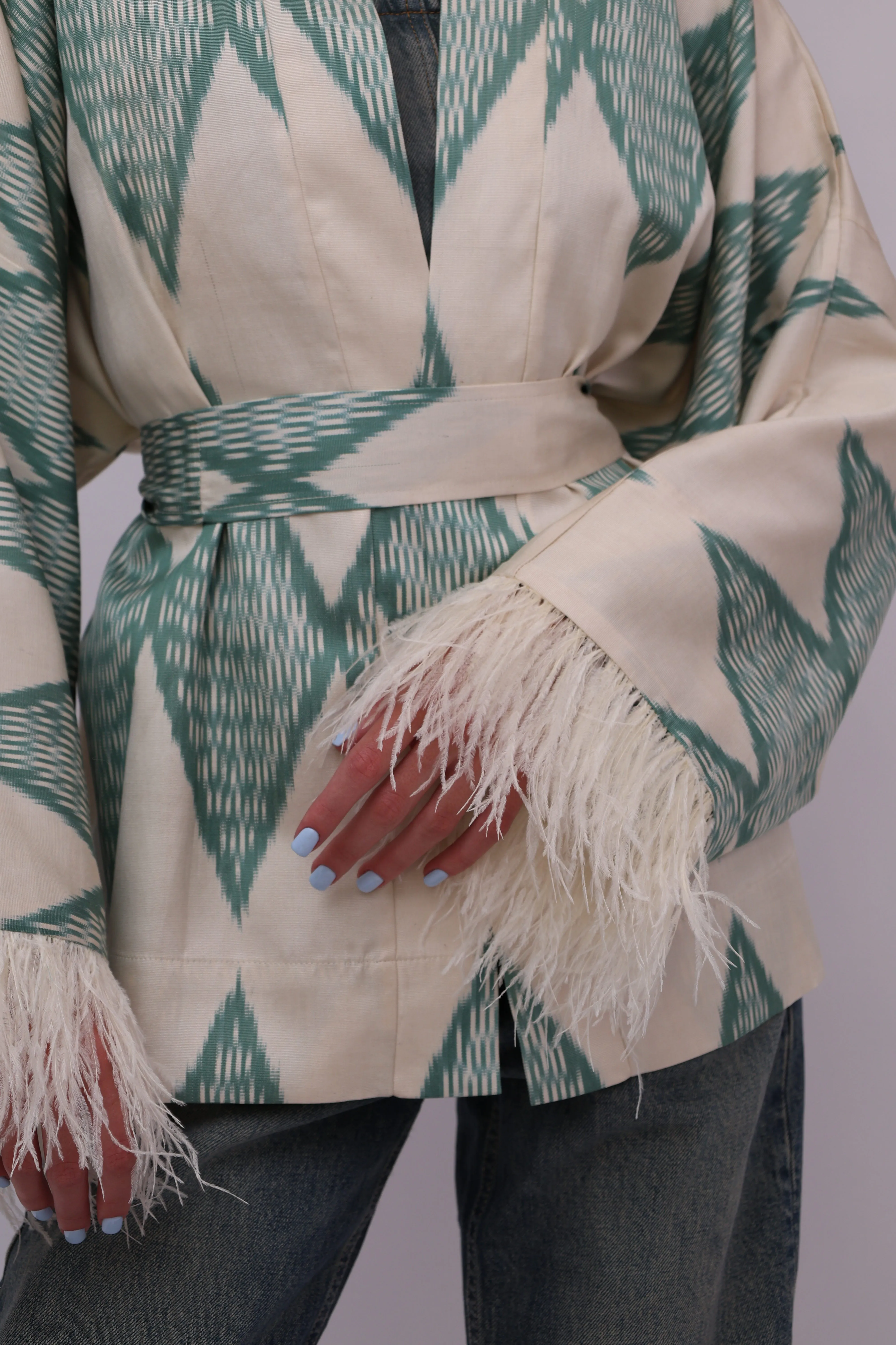 85% Silk Green Romb Mini Kimono With Feathers