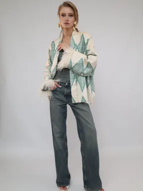85% Silk Green Romb Mini Kimono With Feathers