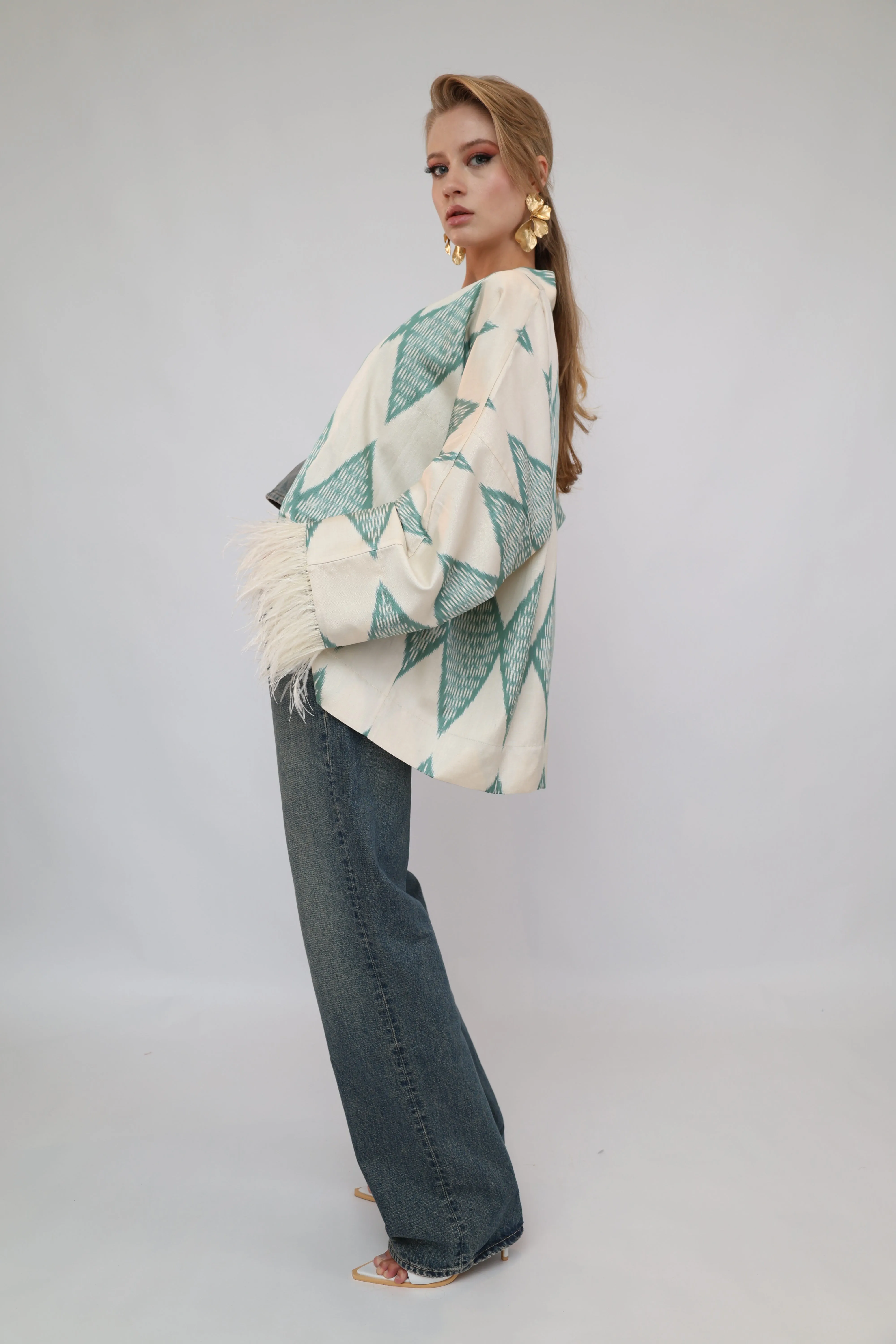 85% Silk Green Romb Mini Kimono With Feathers