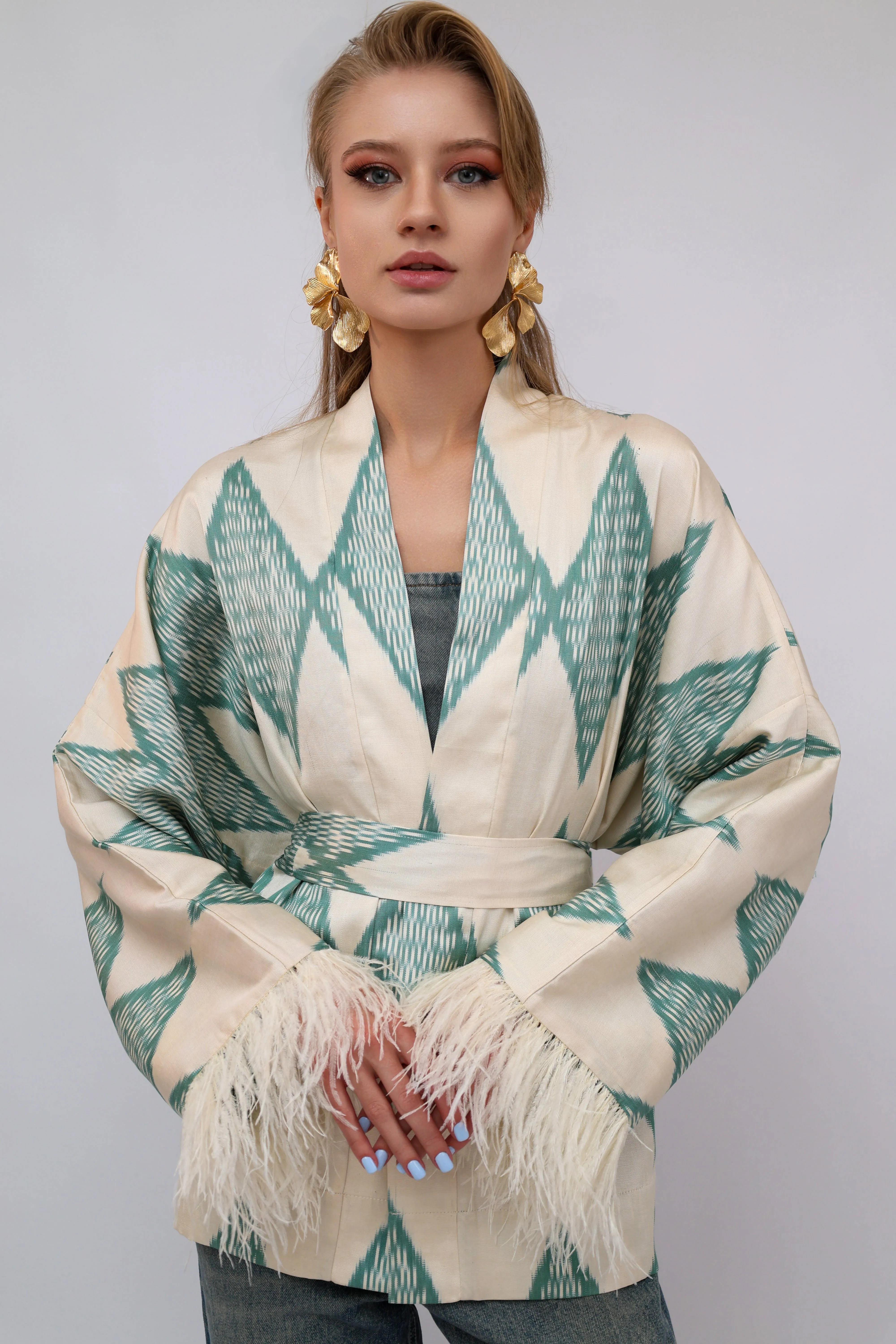 85% Silk Green Romb Mini Kimono With Feathers