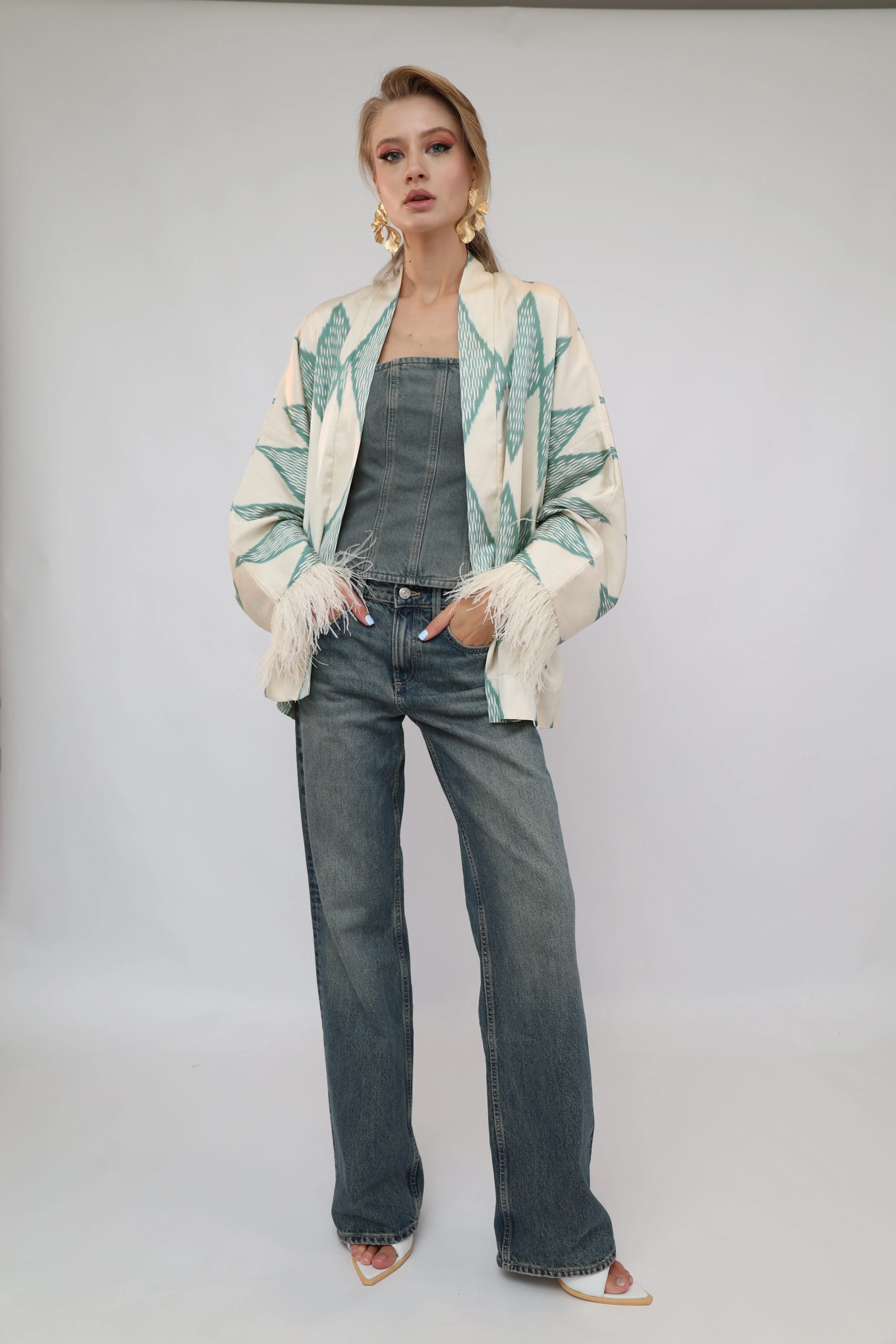 85% Silk Green Romb Mini Kimono With Feathers