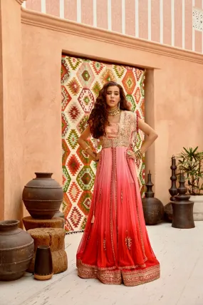 Aleah coral ombre set with longline jacket with crop inner and ruched lehenga.