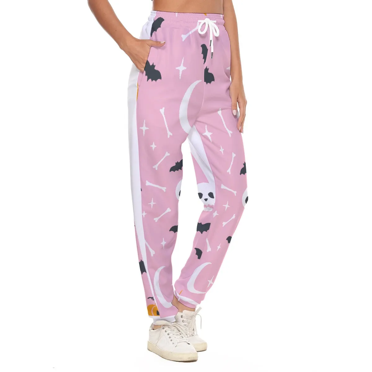 All-Over Print Women's Casual Pants 248 pink, and white Halloween print