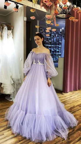 Amazing Off-the-shoulder Long Sleeves Beaded Appliqued Slit Tulle Prom Dresses    fg1302
