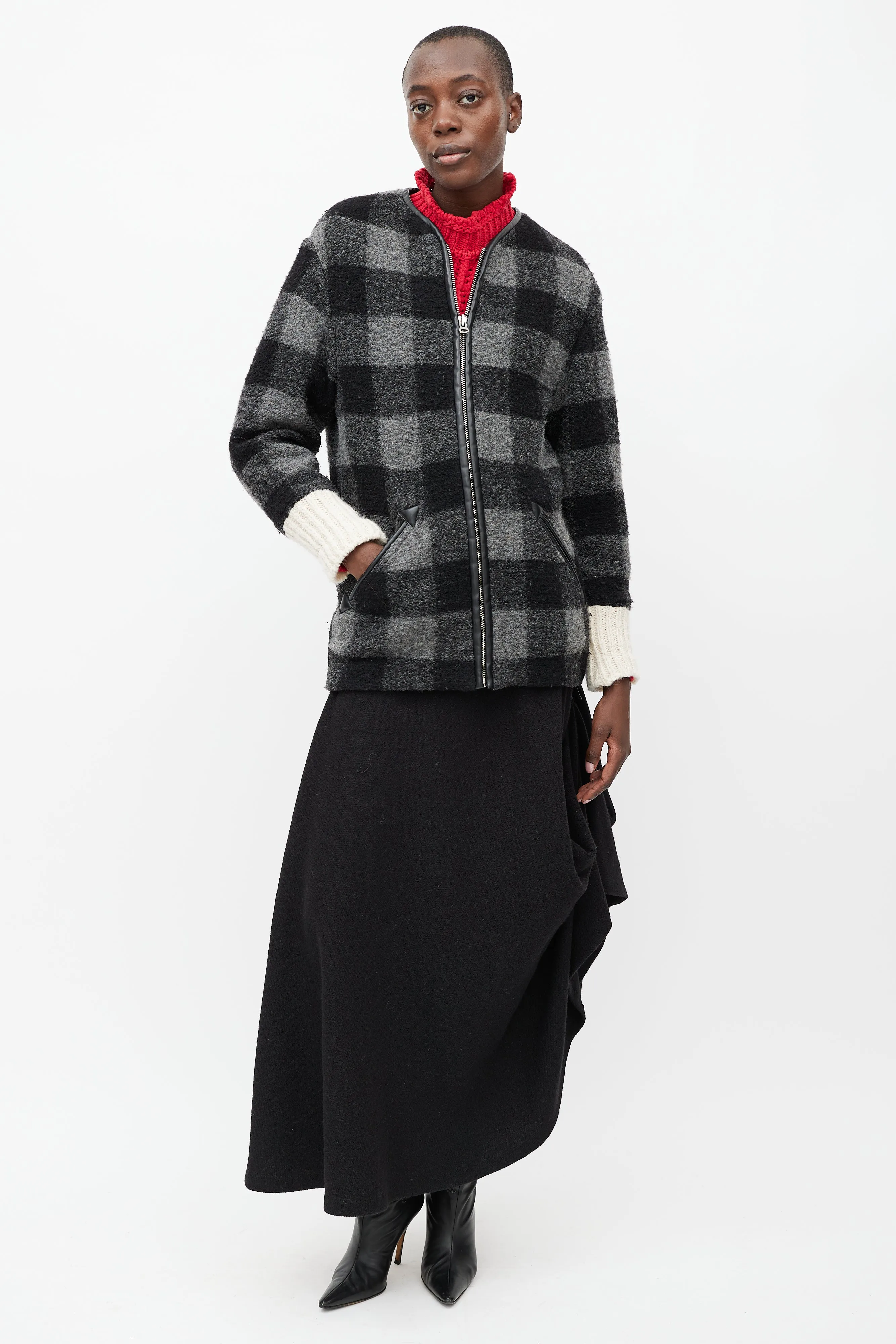 Black & Grey Plaid Wool Light Jacket
