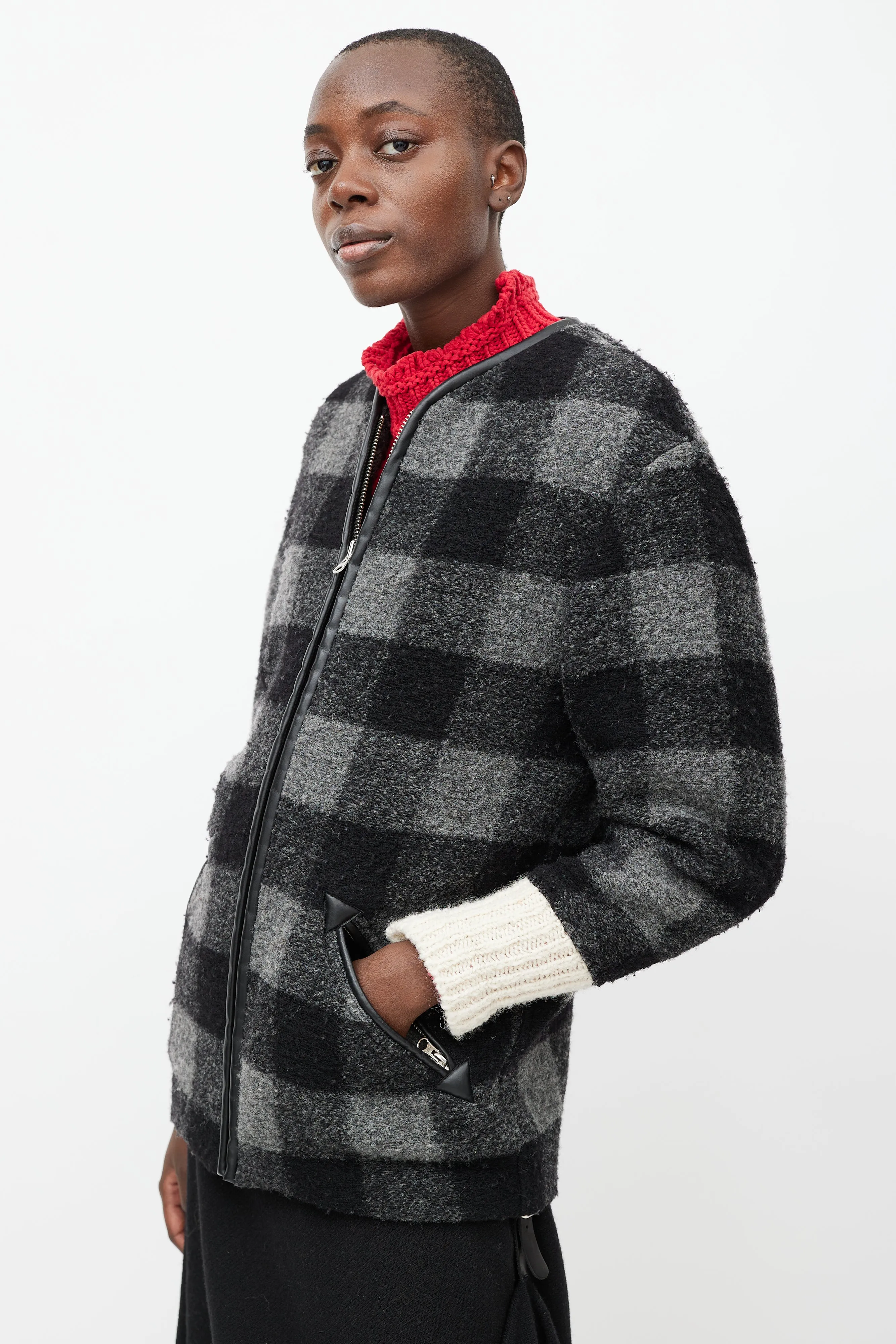 Black & Grey Plaid Wool Light Jacket