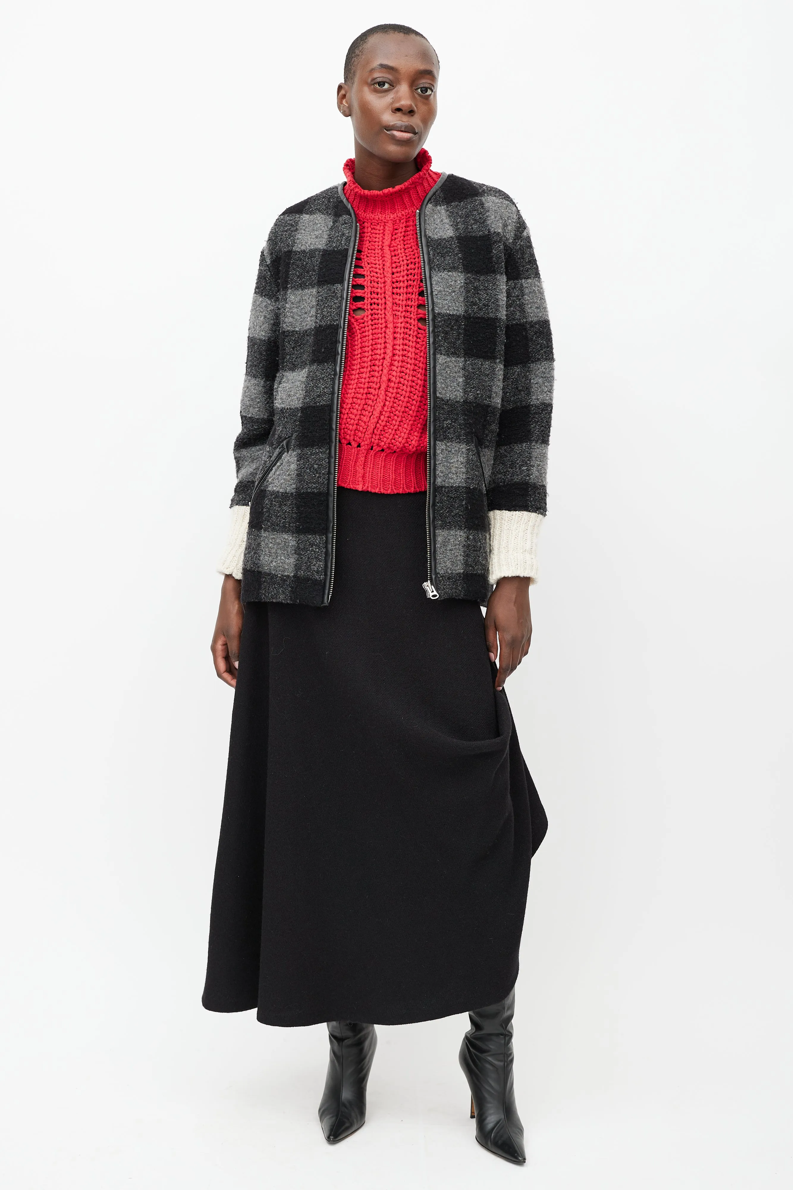 Black & Grey Plaid Wool Light Jacket