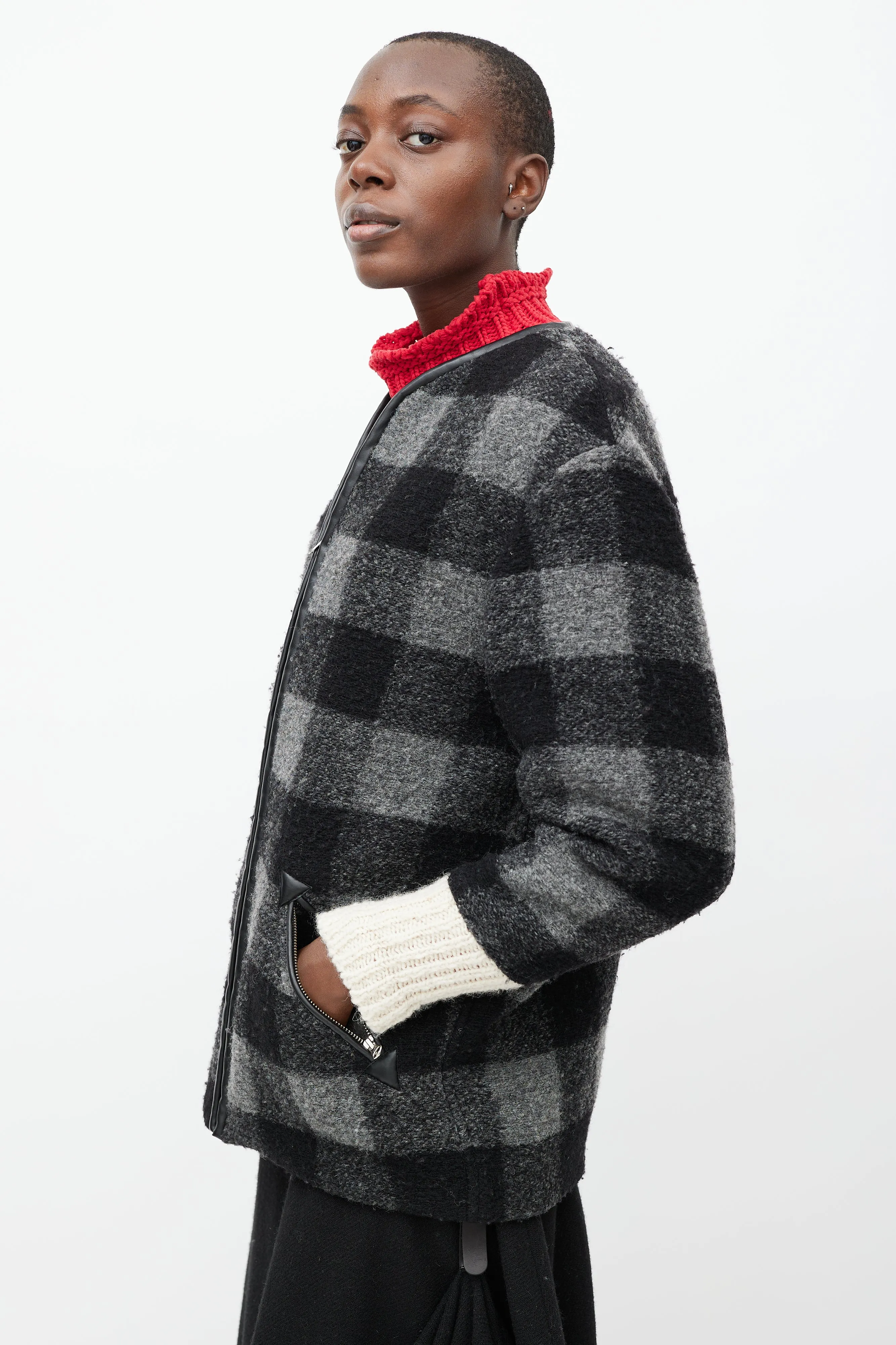 Black & Grey Plaid Wool Light Jacket