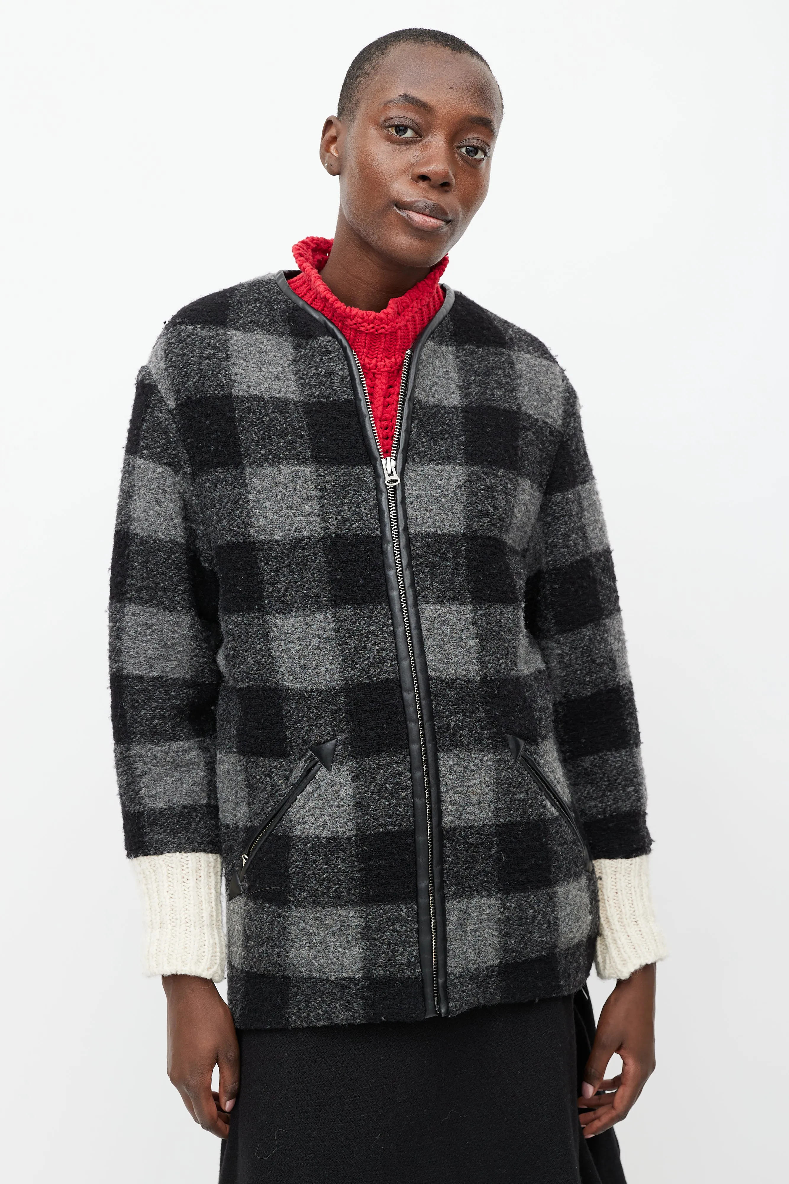 Black & Grey Plaid Wool Light Jacket