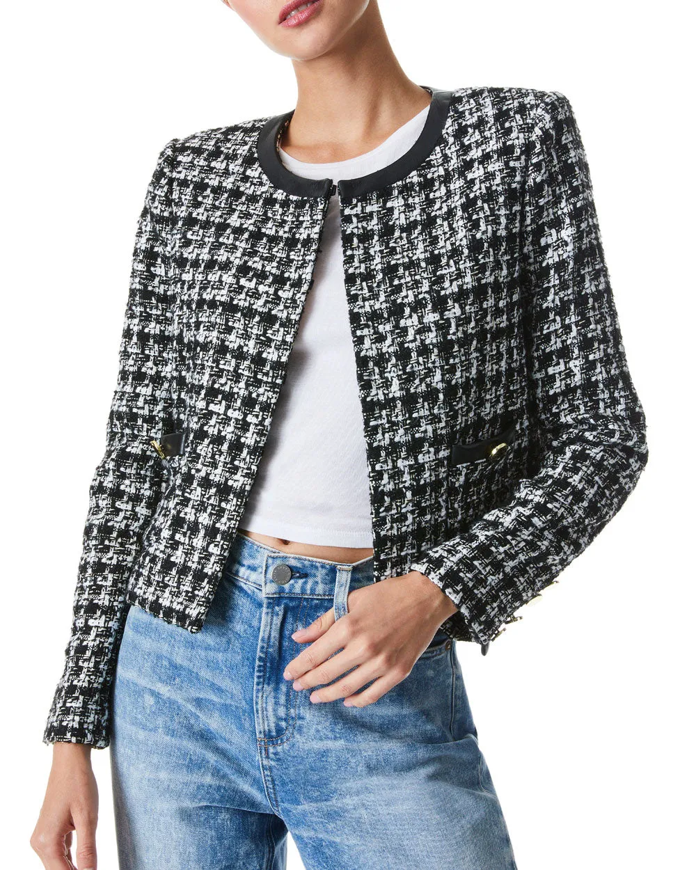 Black and Off White Donita Tweed Vegan Leather Combo Jacket