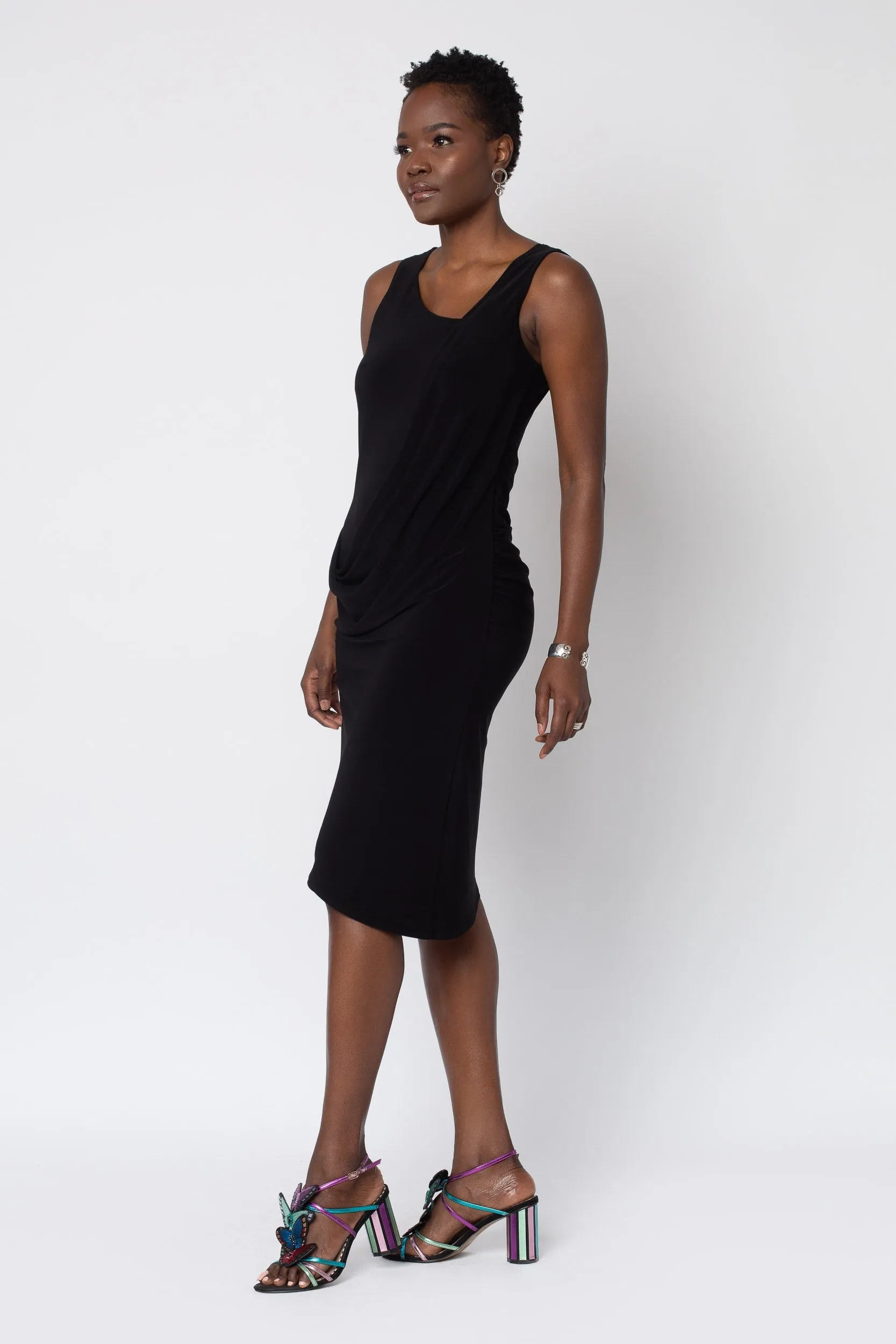 Black Asymmetrical Drape Front Dress