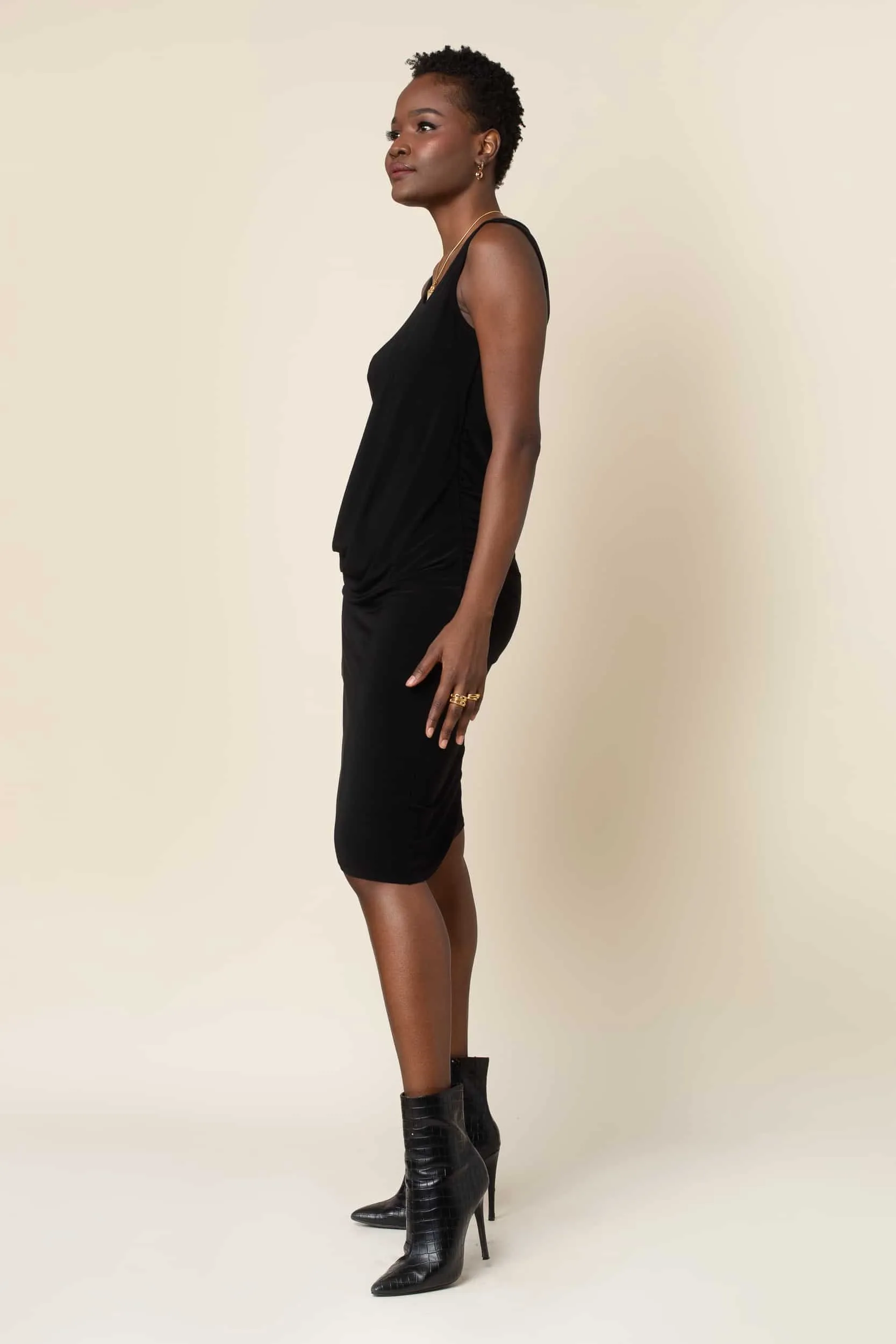 Black Asymmetrical Drape Front Dress