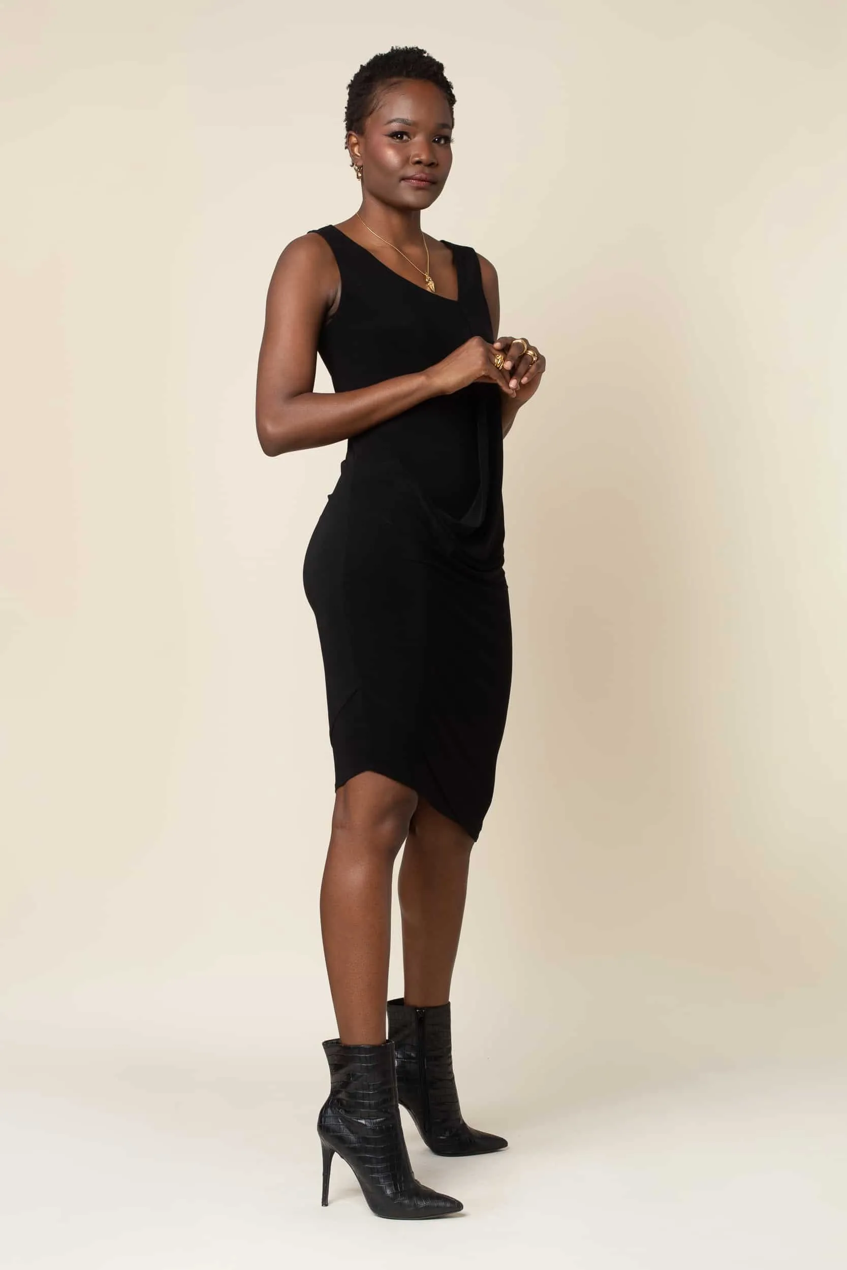 Black Asymmetrical Drape Front Dress