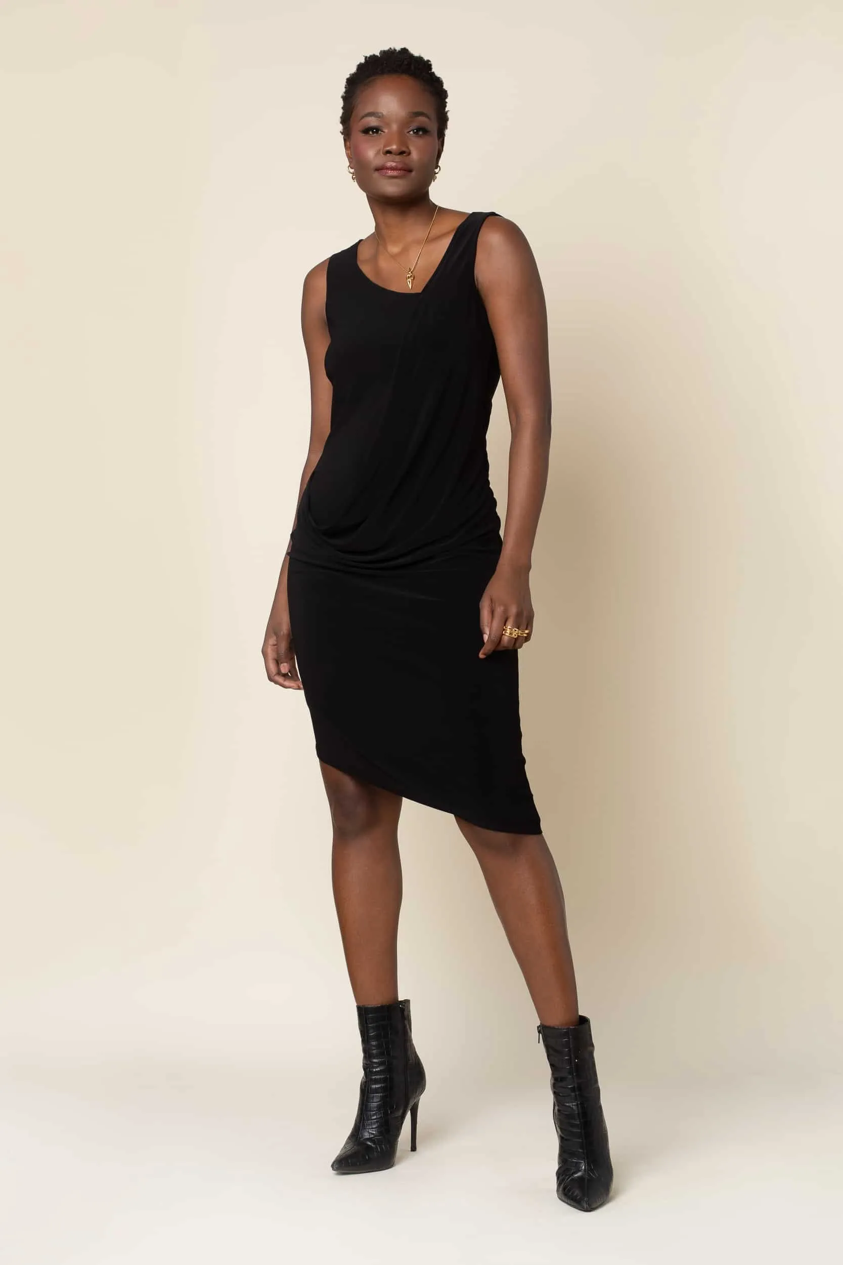 Black Asymmetrical Drape Front Dress
