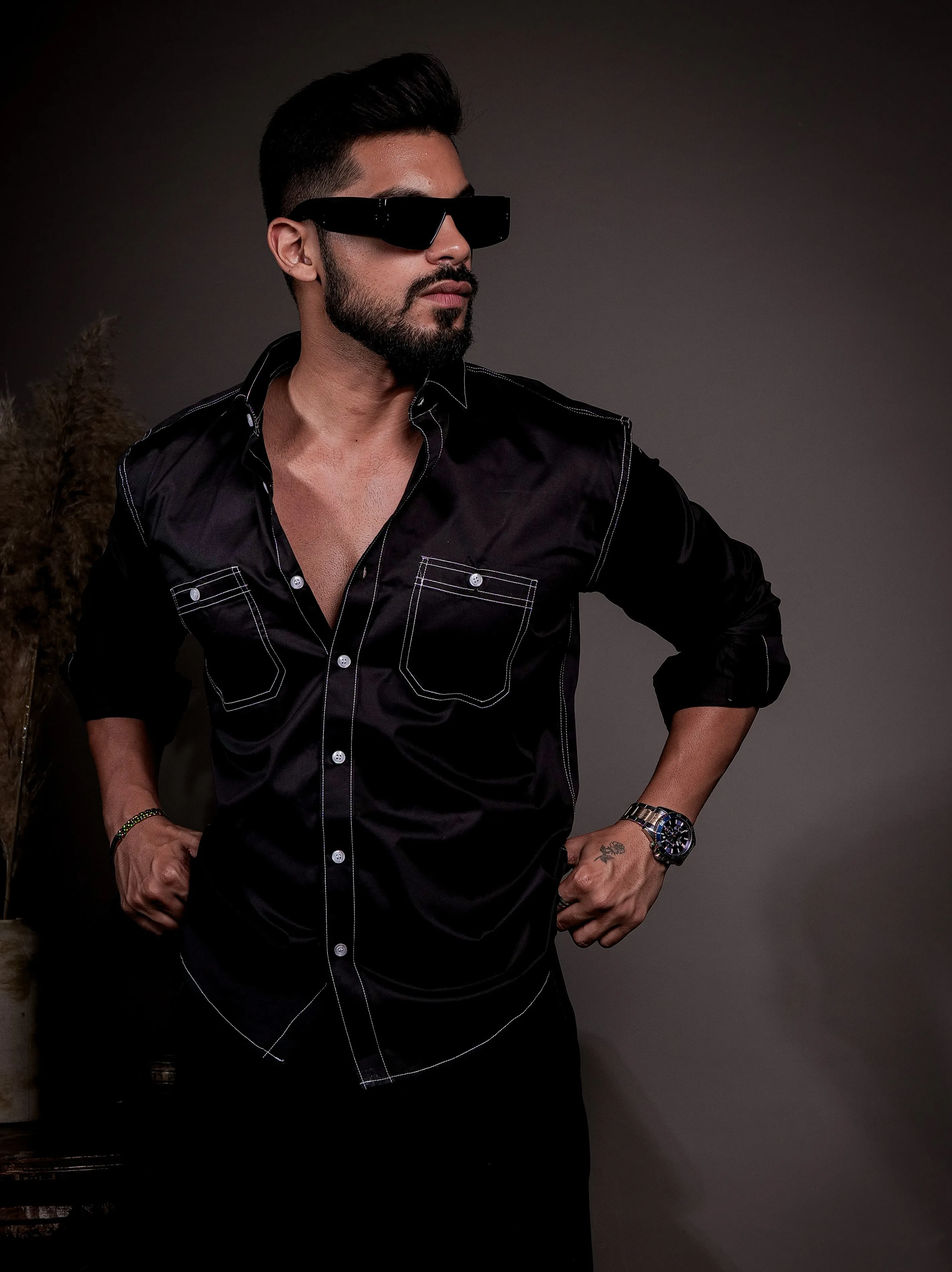 Black Designer Giza Satin Cotton Shirt