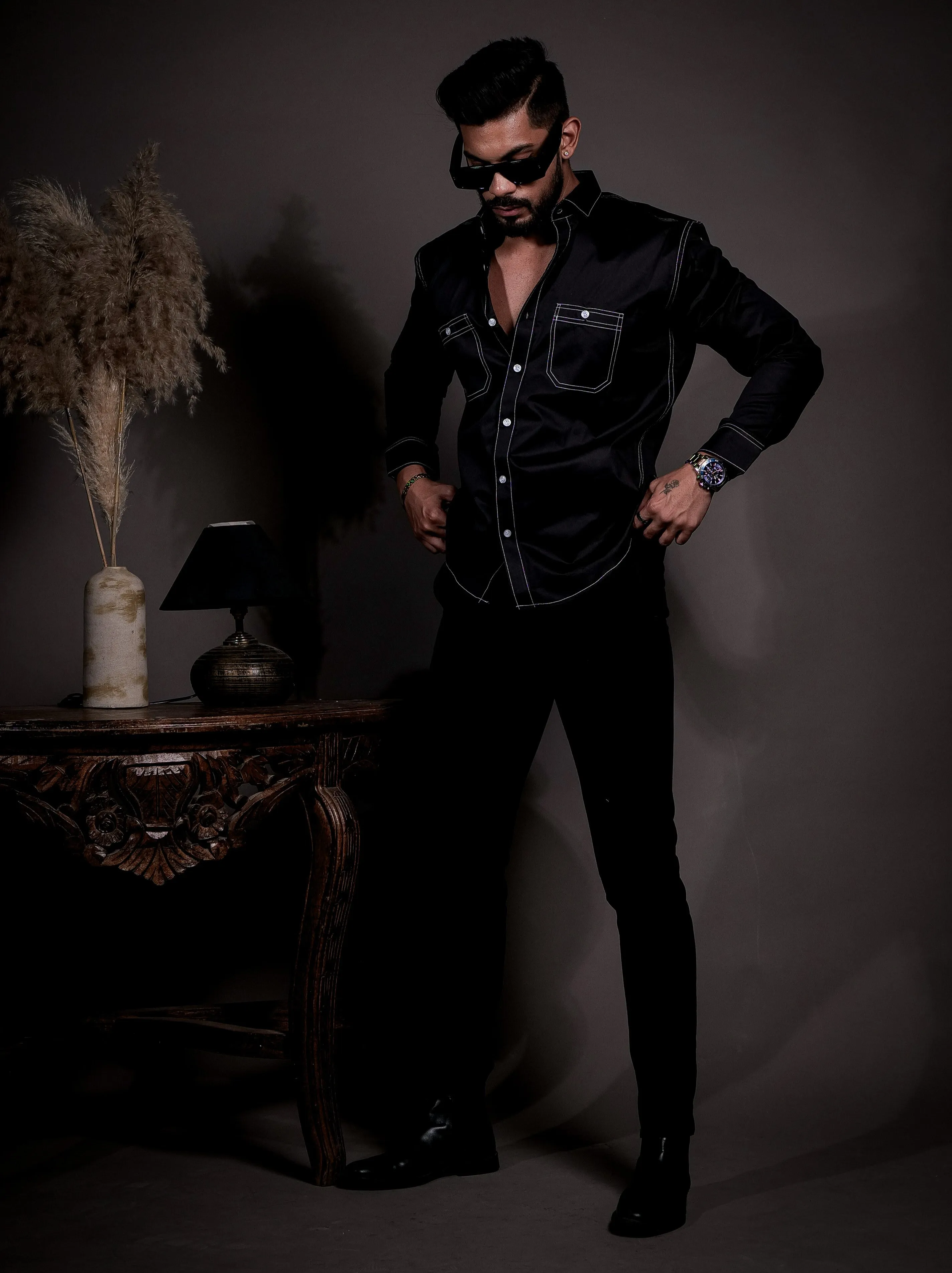 Black Designer Giza Satin Cotton Shirt