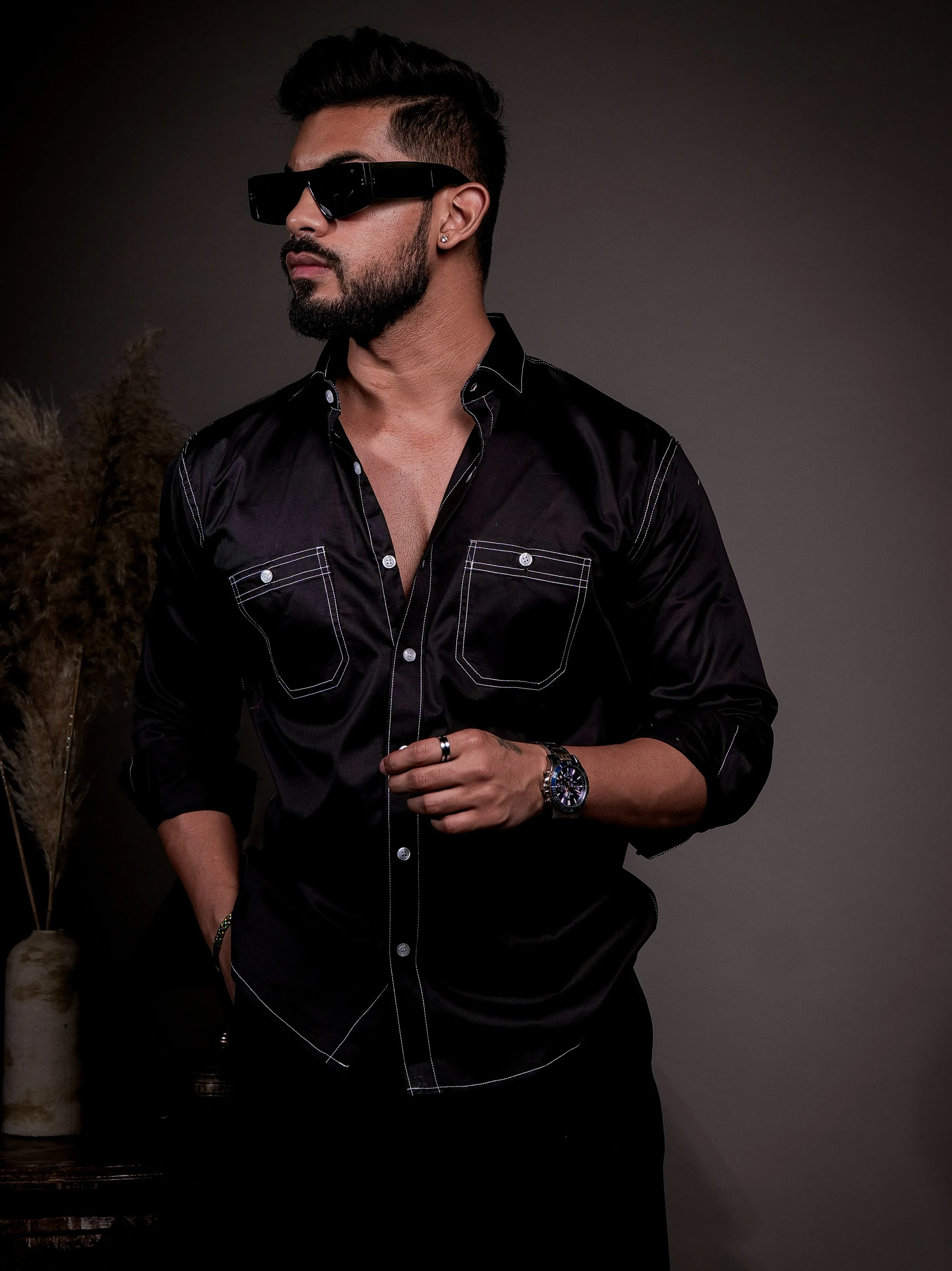 Black Designer Giza Satin Cotton Shirt