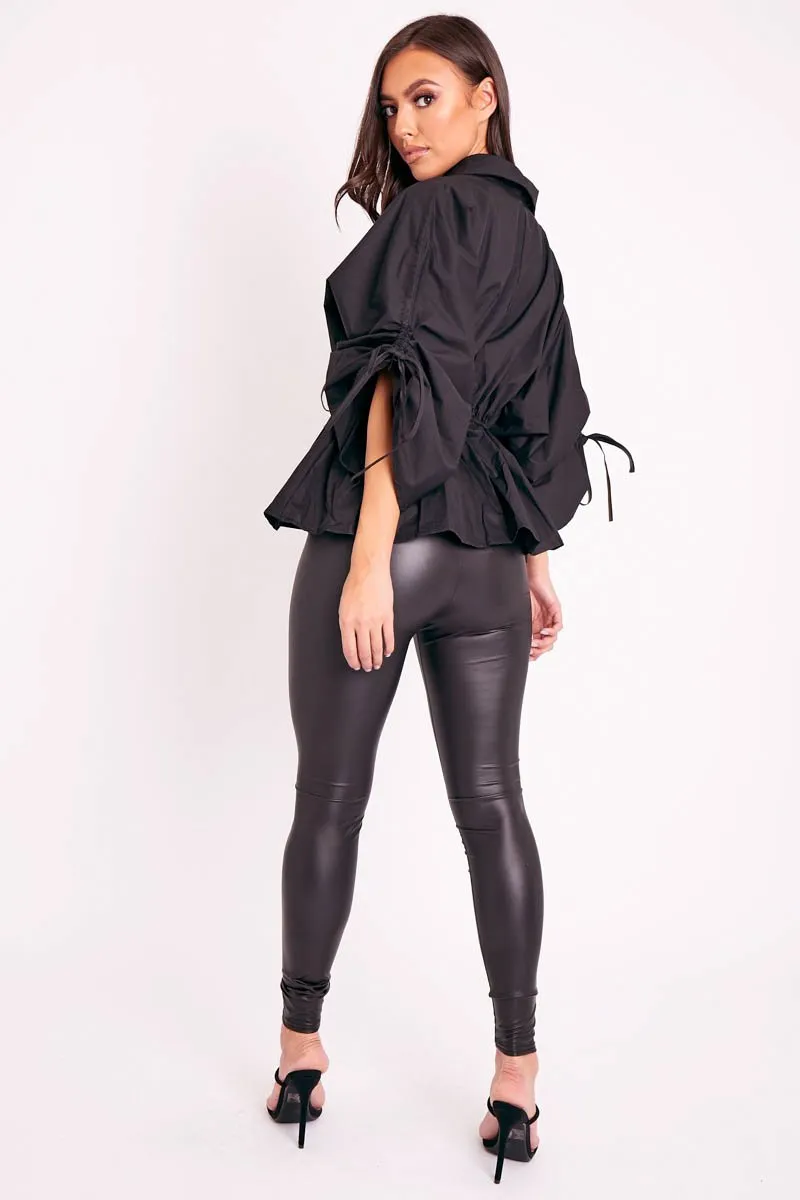 Black Ruched Waist Plunge Neckline Kimono Sleeve Shirt - Eilene