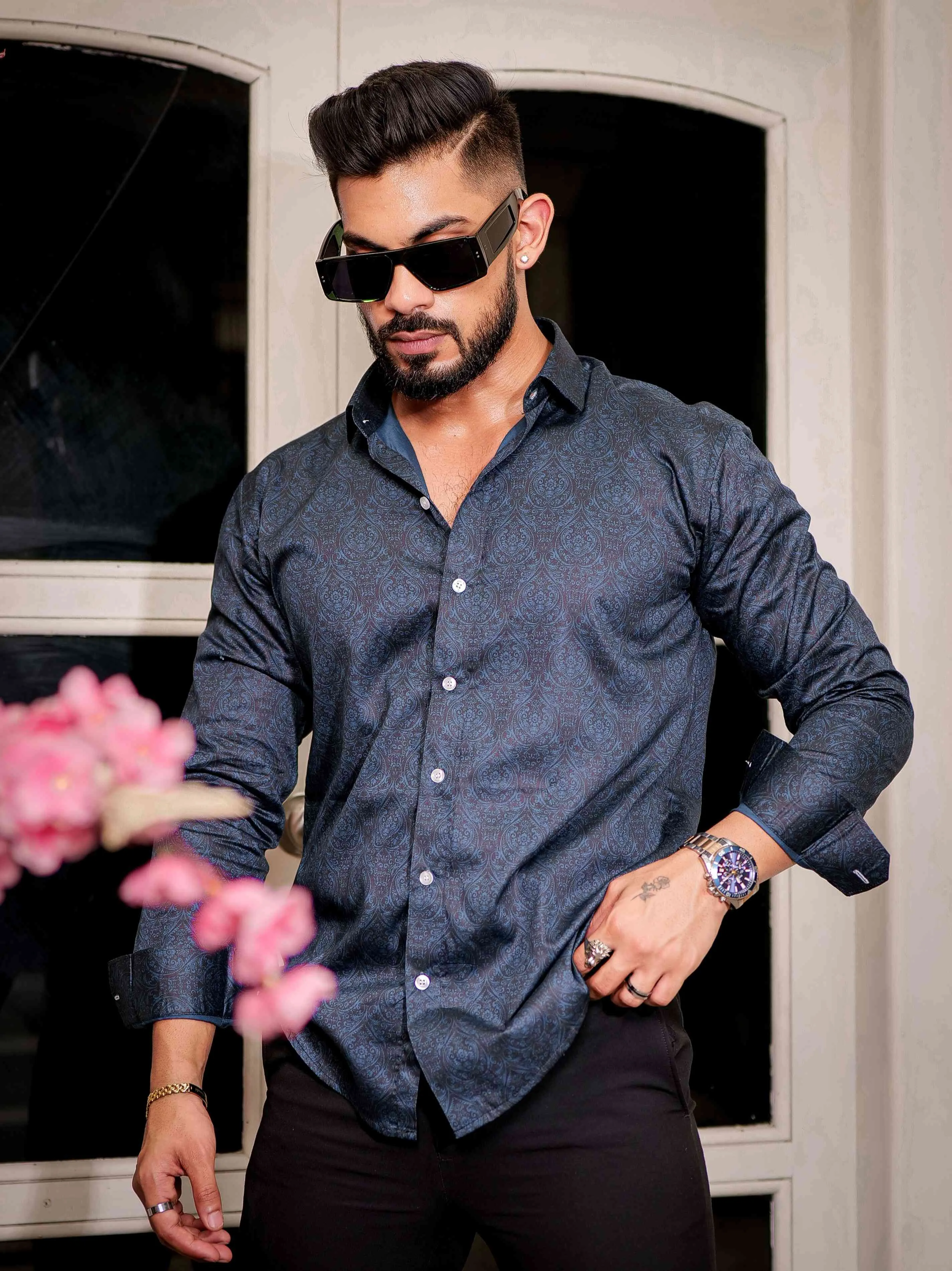 Blue Cotton Print Premium Shirt