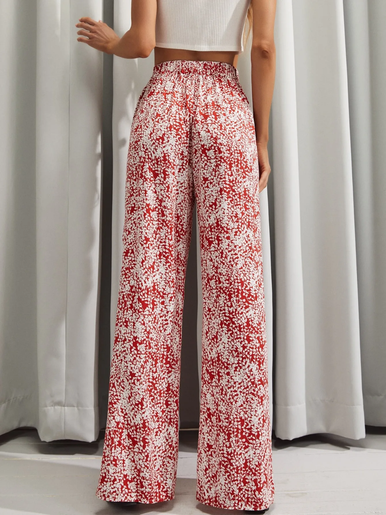 Boho Ditsy Floral Split Thigh Natural Long Women Pants