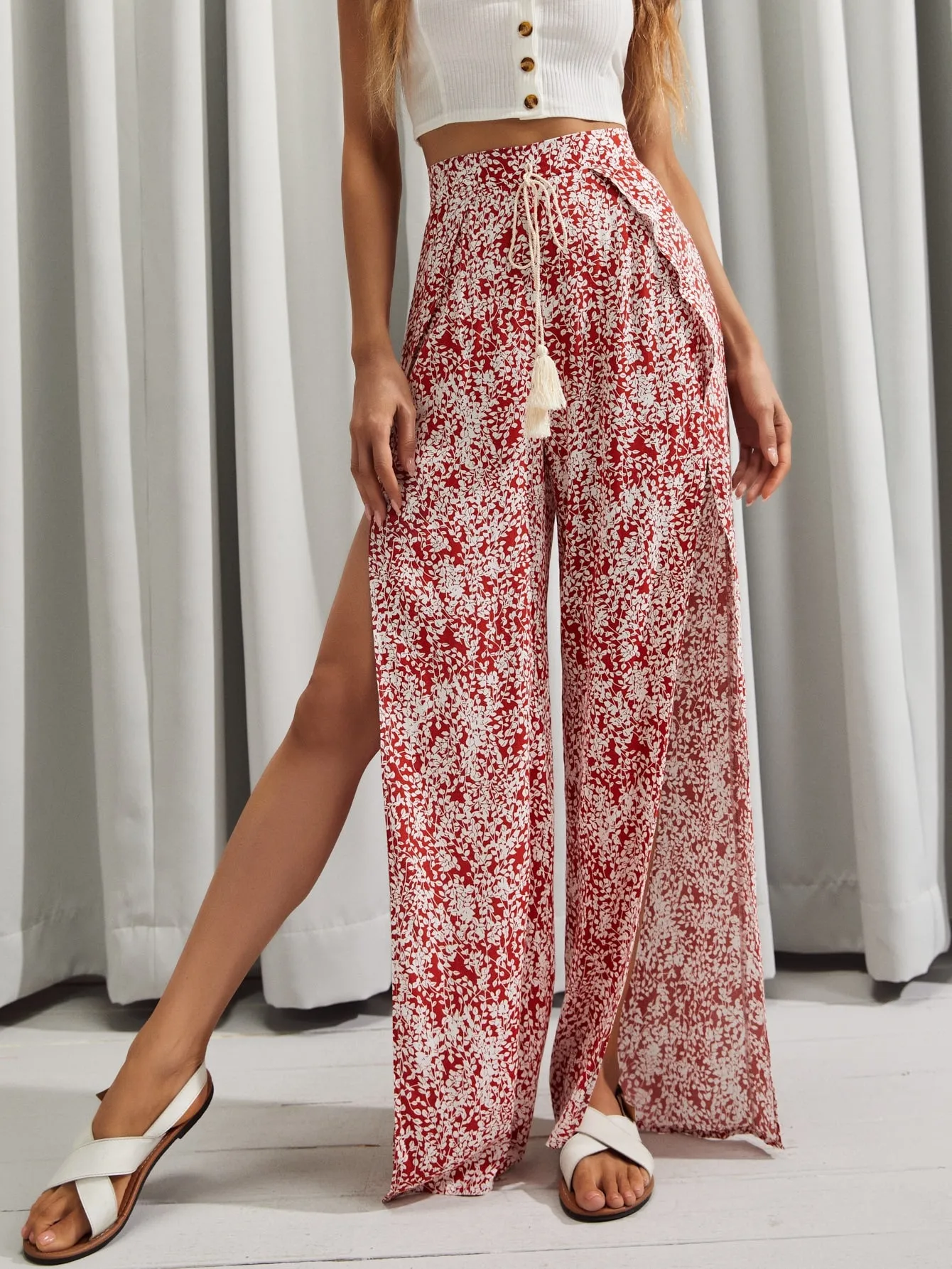 Boho Ditsy Floral Split Thigh Natural Long Women Pants
