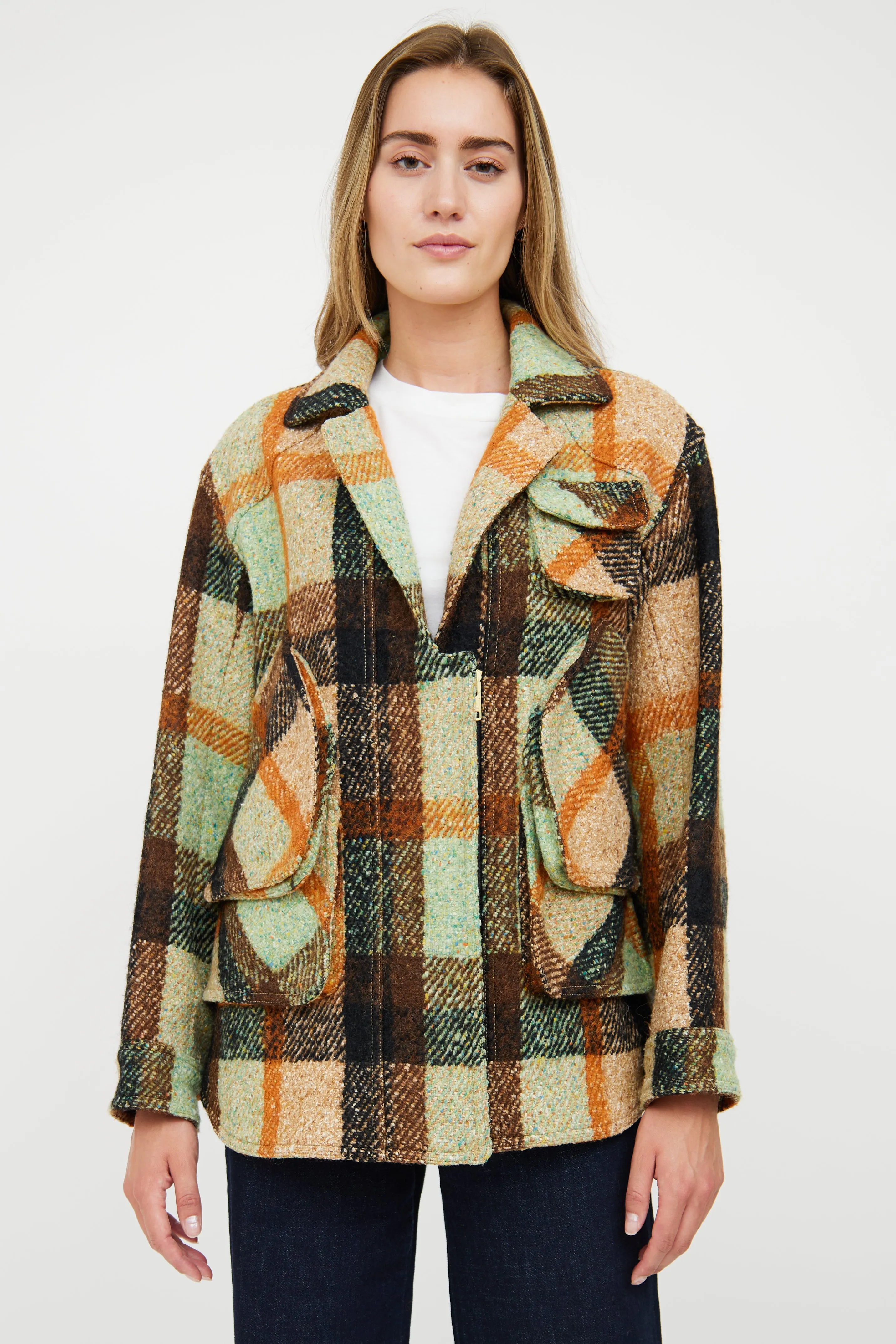 Brown & Green Wool Blend Plaid Jacket