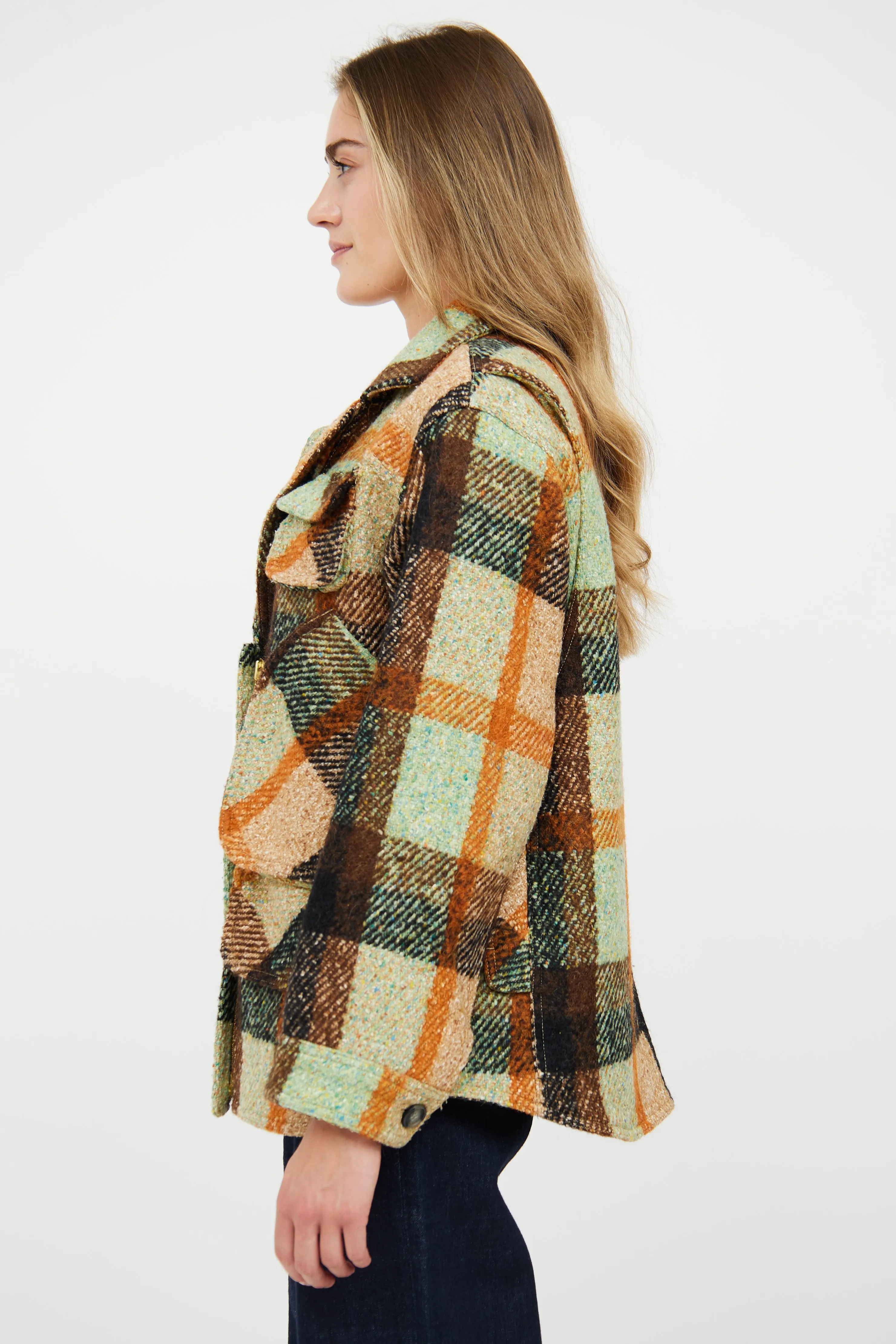 Brown & Green Wool Blend Plaid Jacket