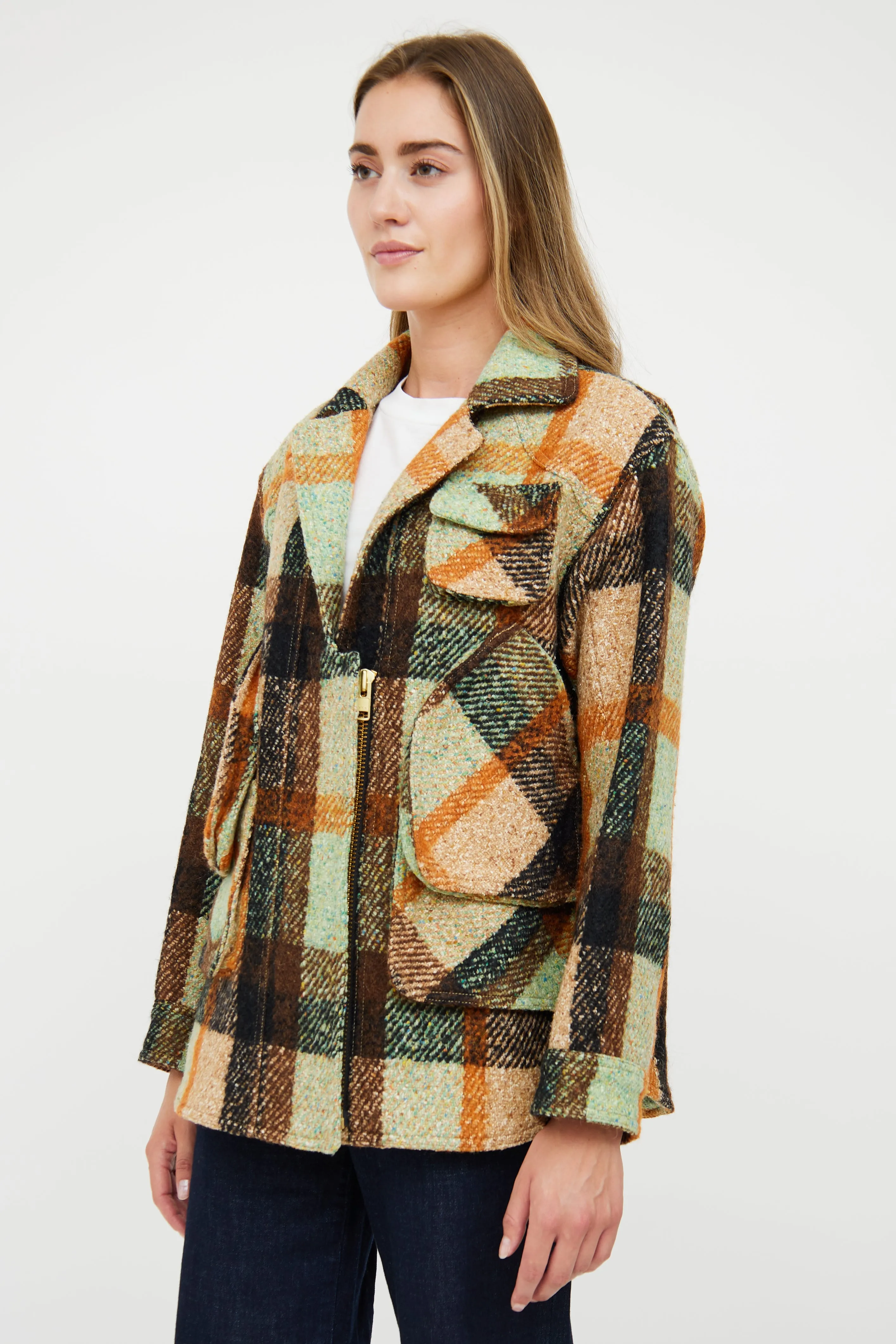 Brown & Green Wool Blend Plaid Jacket